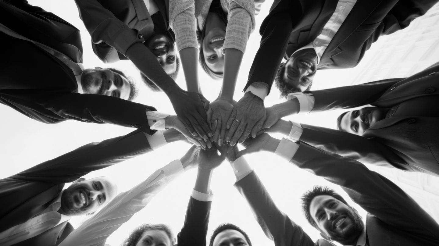 Équipe rassemblant leurs mains au centre, symbolisant l'esprit collaboratif et l'unité.