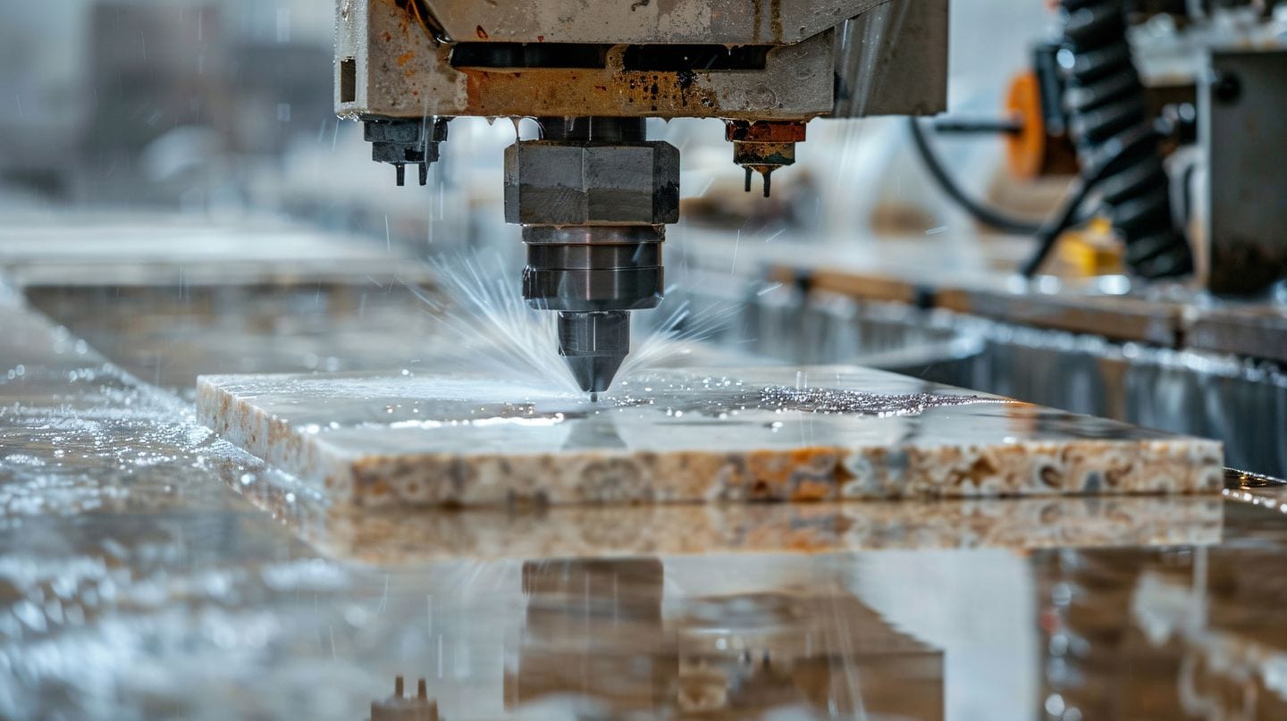 Gros plan sur une machine de découpe à jet d'eau en fonctionnement, découpant une plaque de pierre avec précision
