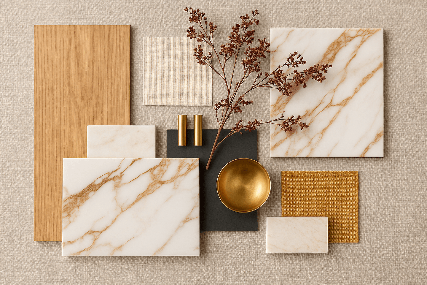 Assemblage moodboard de différent materiaux, matière et divers objets de design