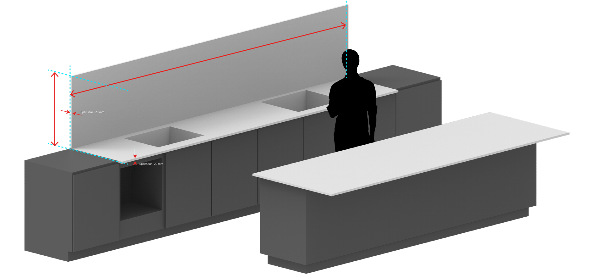 Illustration 3D pour mesurer l'habillage mural de son plan de travail