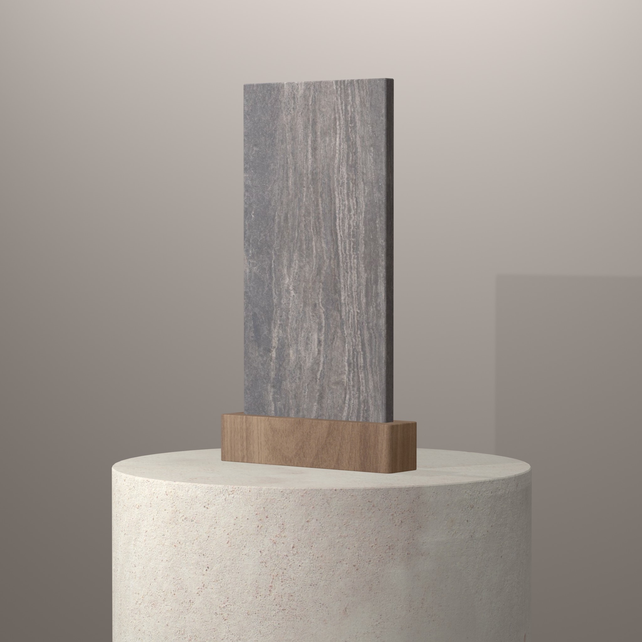 Rendu 3D du coloris Travertino Grey en Ceramique Infinity sur piédestal
