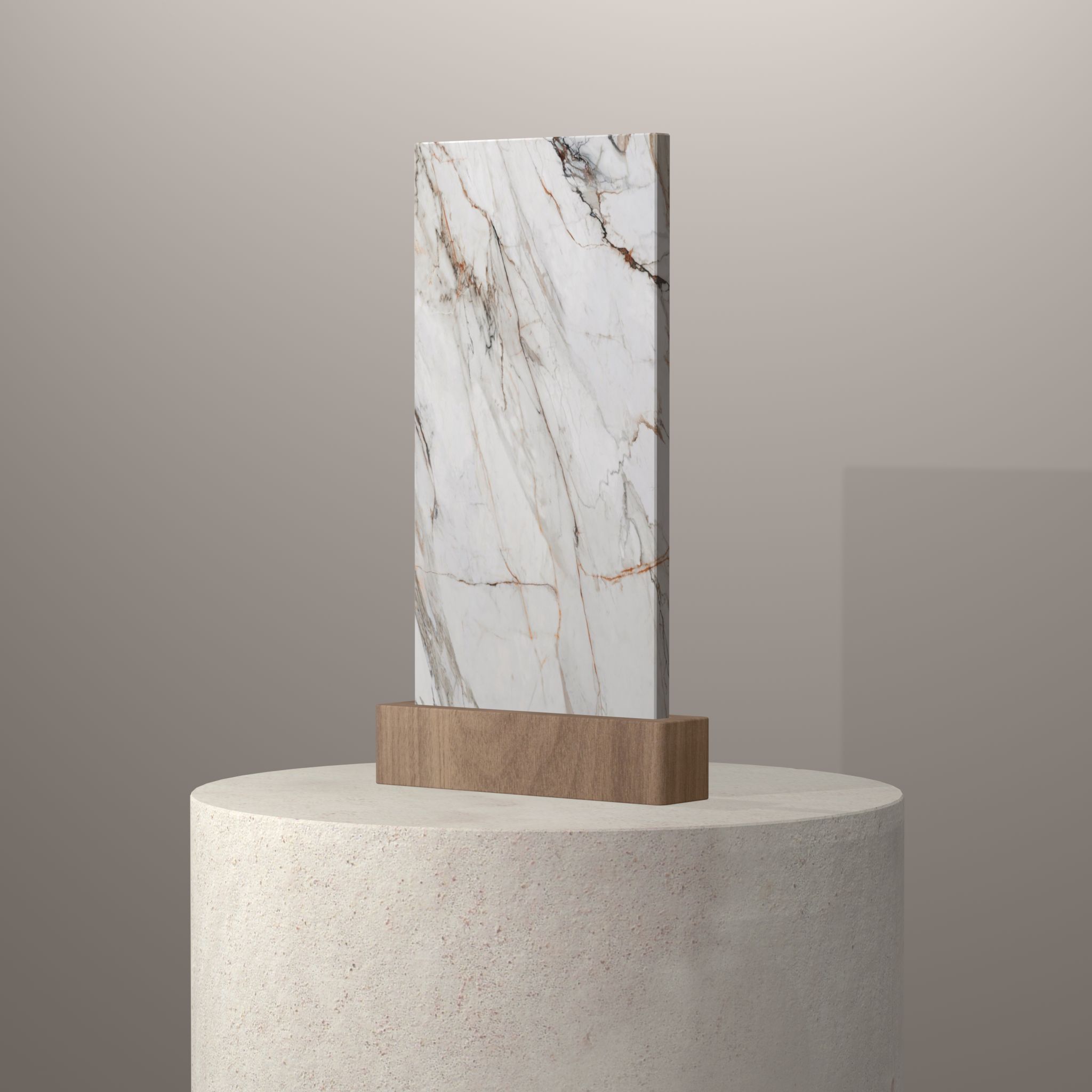 Rendu 3D du coloris Calacatta Luxe en Ceramique Neolith The Size sur piédestal