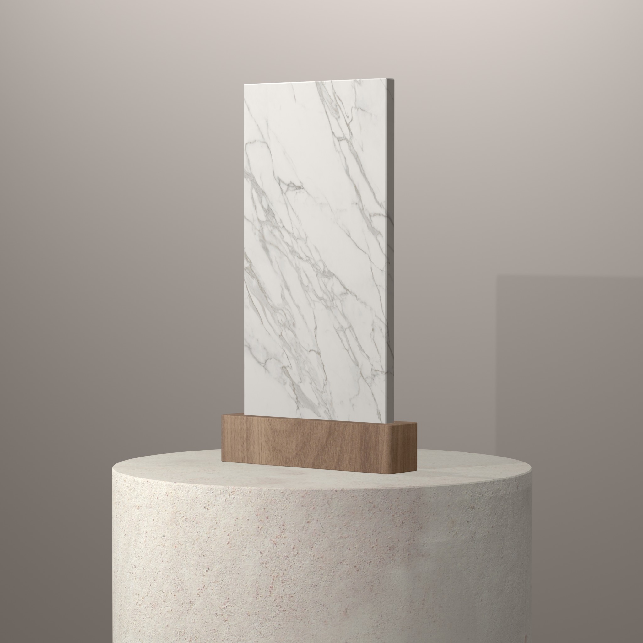 Rendu 3D du coloris Calacatta en Ceramique Neolith The Size sur piédestal