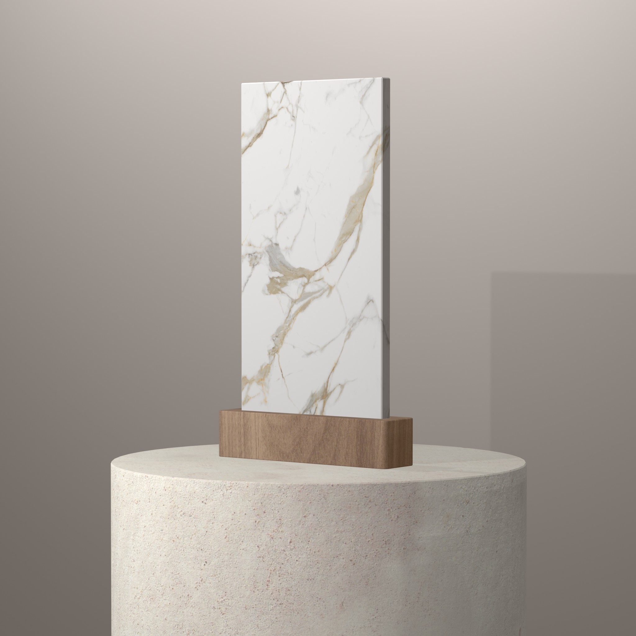 Rendu 3D du coloris Calacatta Roma en Ceramique Neolith The Size sur piédestal