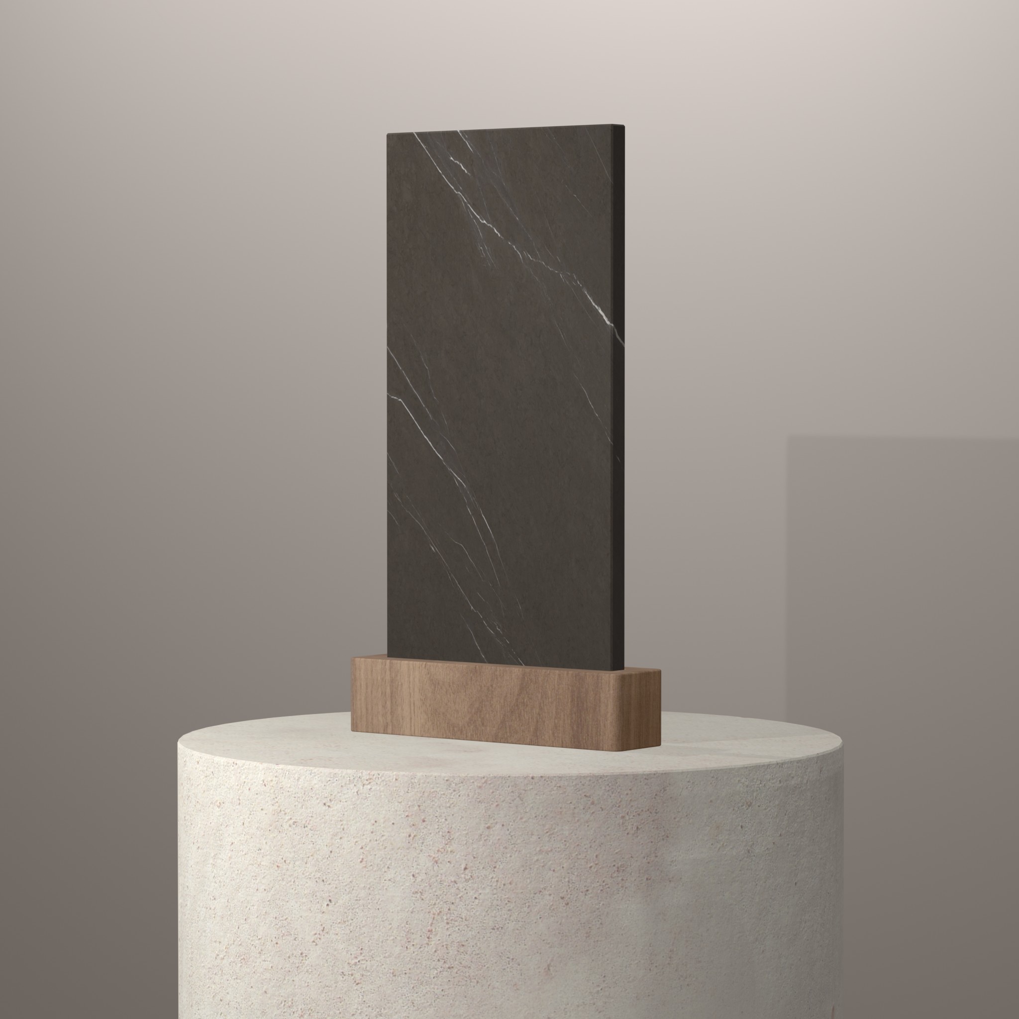 Rendu 3D du coloris Pietra Grey en Ceramique Neolith The Size sur piédestal