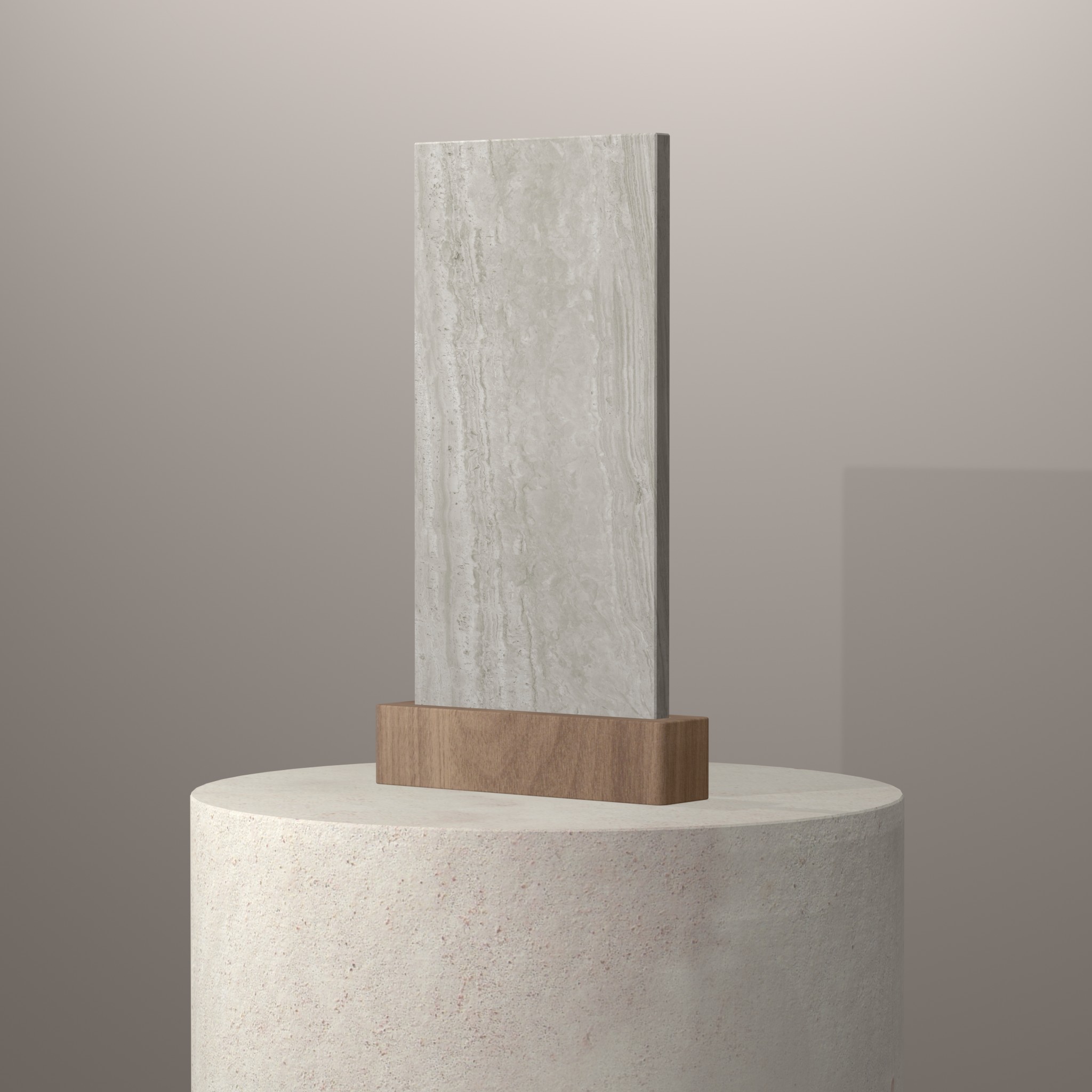 Rendu 3D du coloris Strata Argentum en Ceramique Neolith The Size sur piédestal