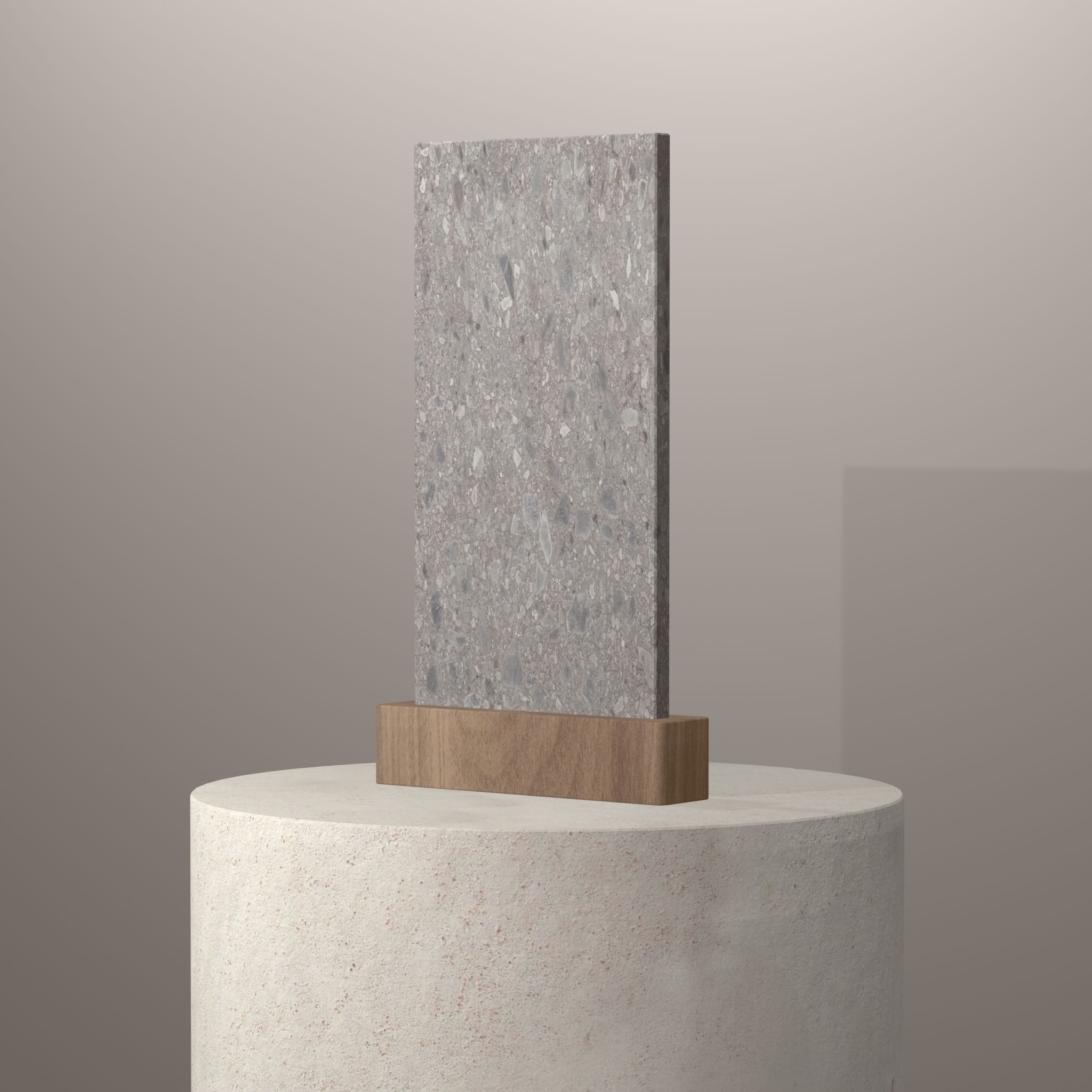 Rendu 3D du coloris Terrazzo Ceppo en Ceramique Neolith The Size sur piédestal