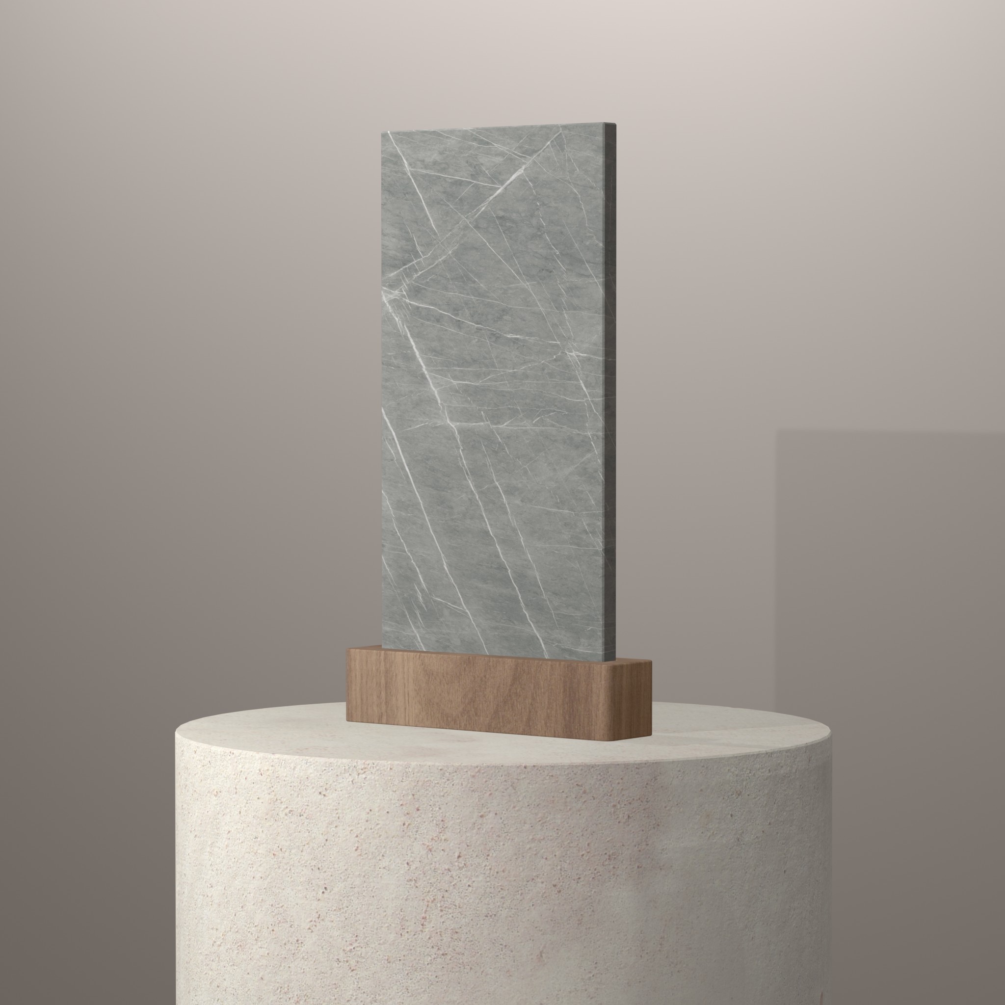 Rendu 3D du coloris Zaha Stone sur piédestal