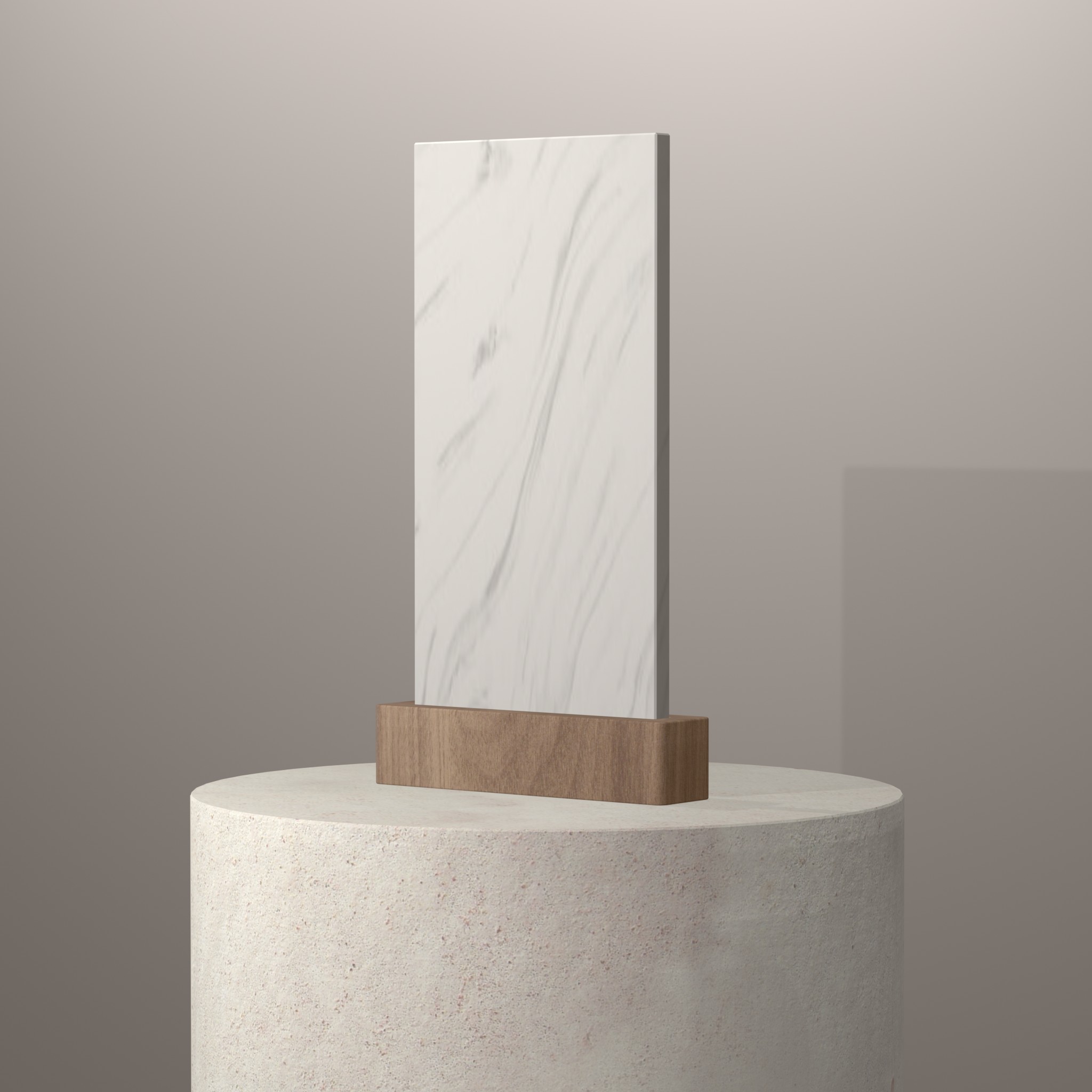 Rendu 3D du coloris Calacatta Greige en Resine Corian sur piédestal