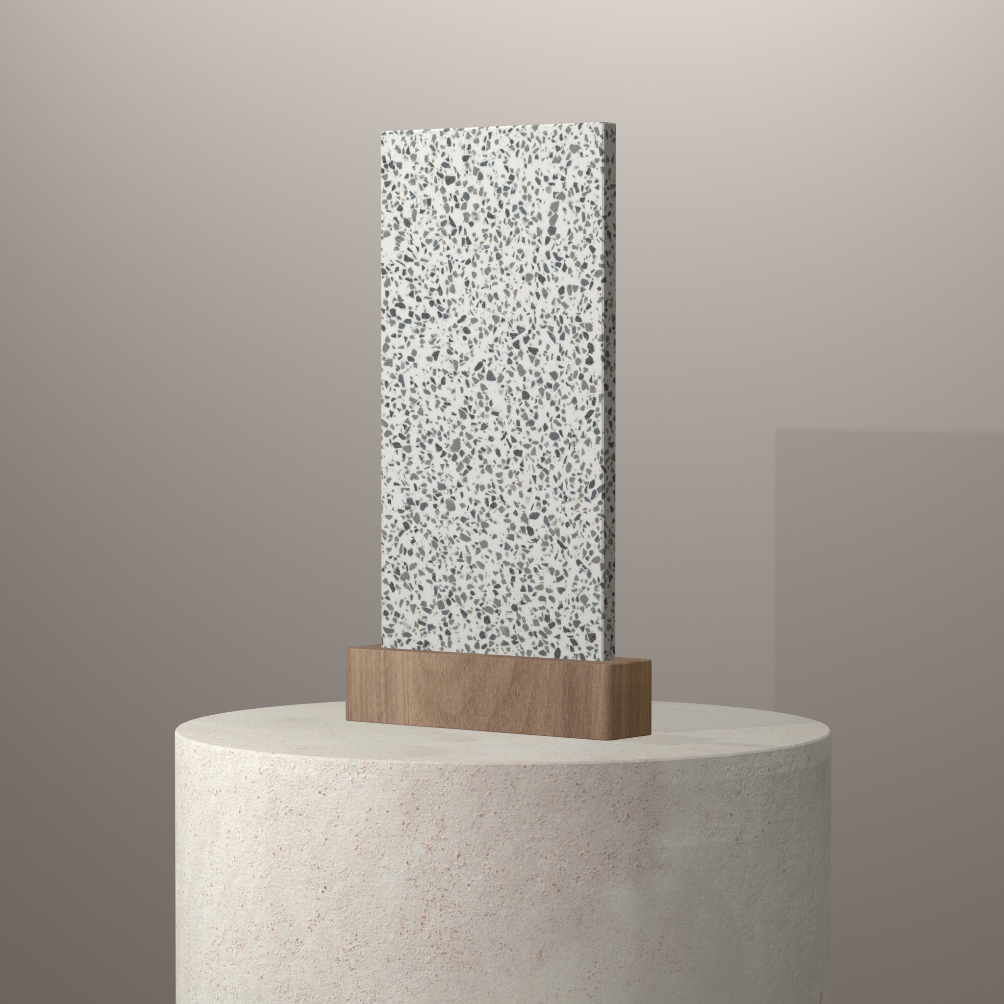 Rendu 3D du coloris Domino Terrazzo en Resine Corian sur piédestal