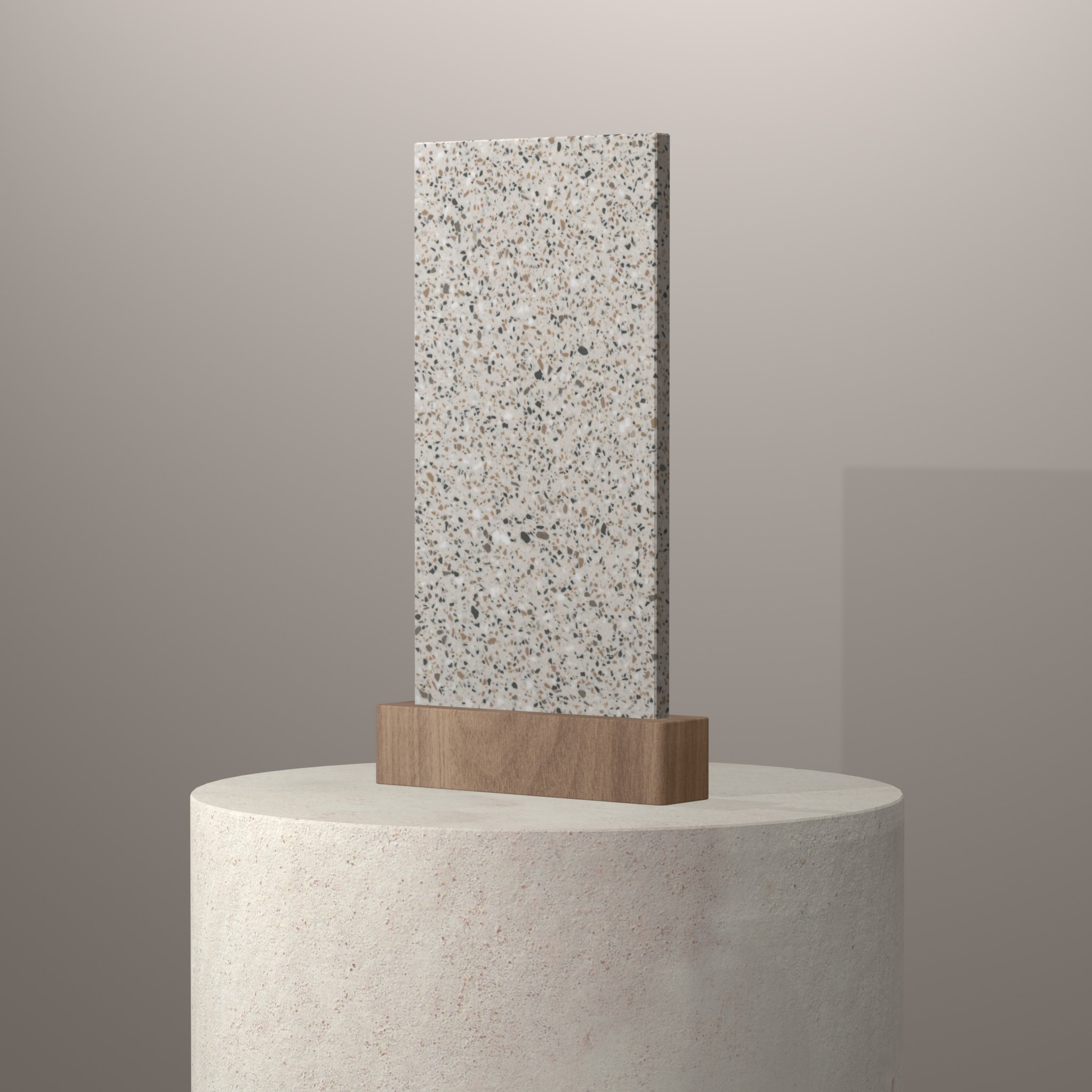 Rendu 3D du coloris Peppered Terrazzo en Resine Corian sur piédestal