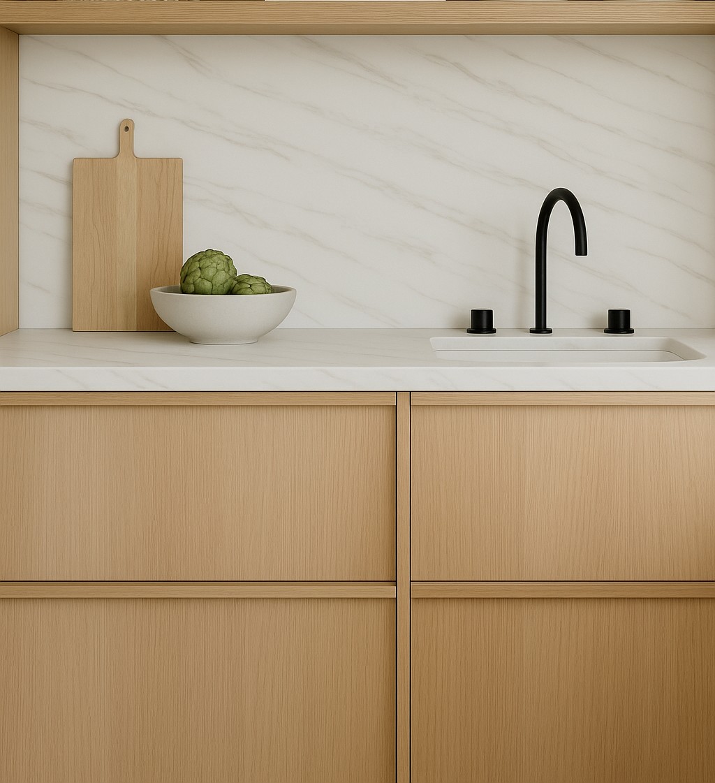 Réalisation n°1 du plan de travail Calacatta Greige en Resine Corian