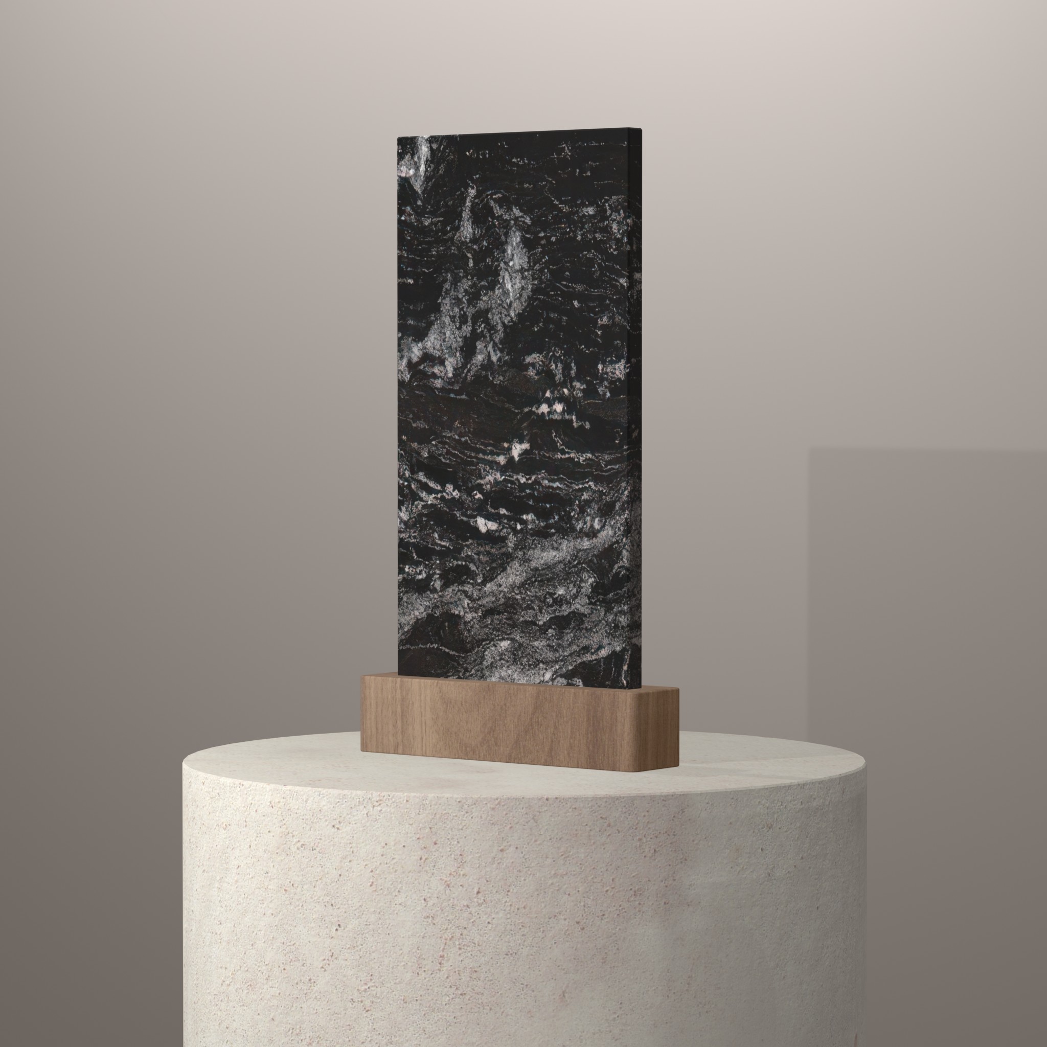 Rendu 3D du coloris Black Beauty en Granit Sensa sur piédestal