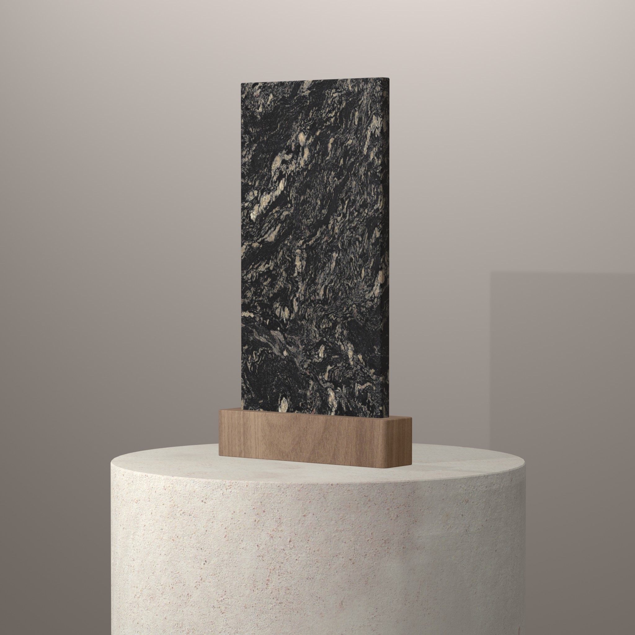 Rendu 3D du coloris Indian Black en Granit Sensa sur piédestal