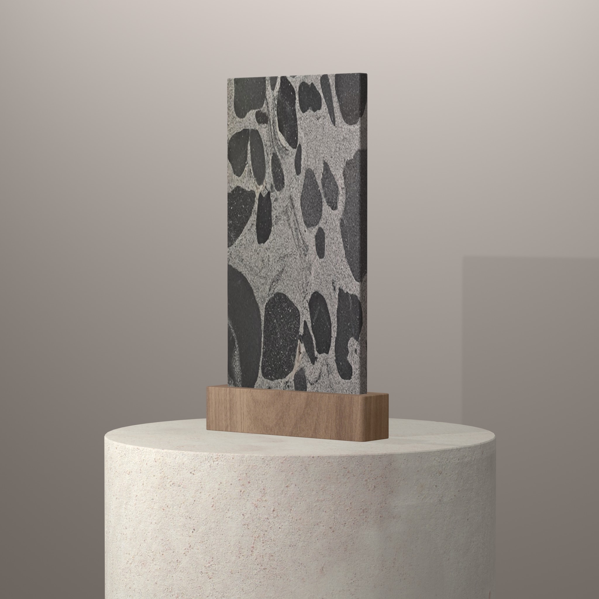 Rendu 3D du coloris Dalmata en Granit Texta sur piédestal
