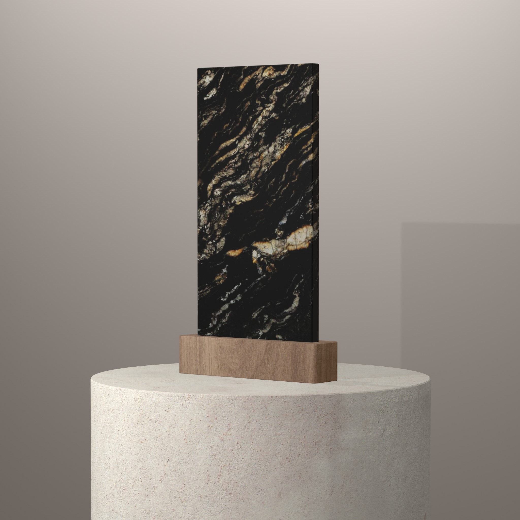 Rendu 3D du coloris Titanium Gold en Granit Texta sur piédestal