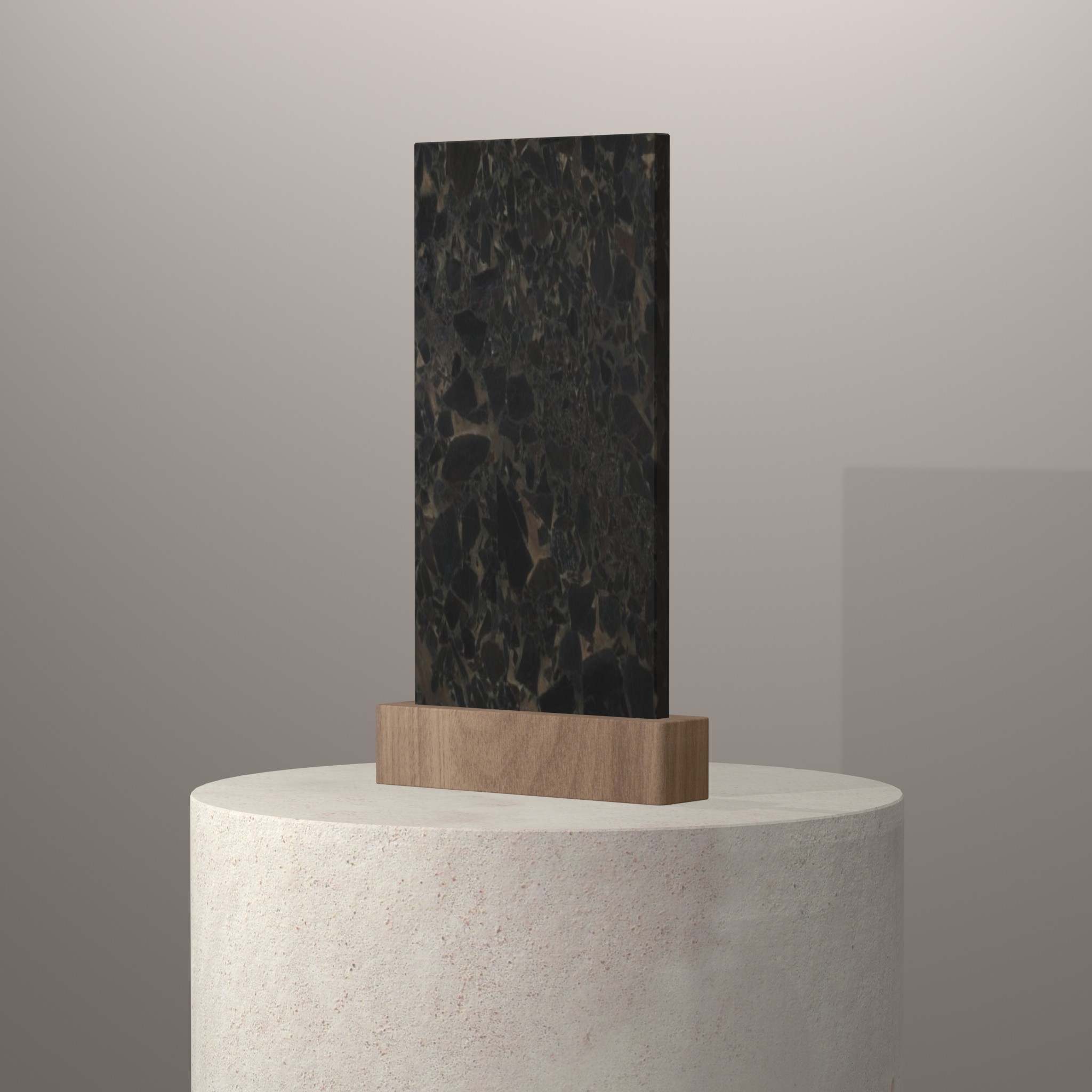 Rendu 3D du coloris Black Beauty en Granit sur piédestal