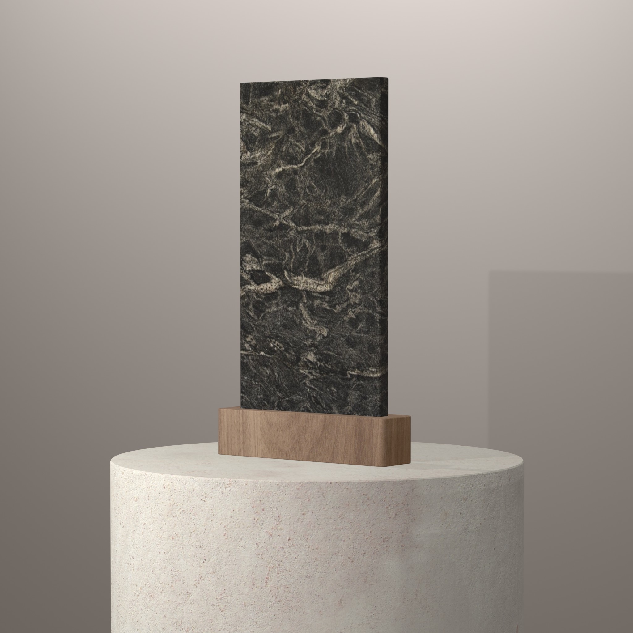 Rendu 3D du coloris Black Cloud en Granit sur piédestal
