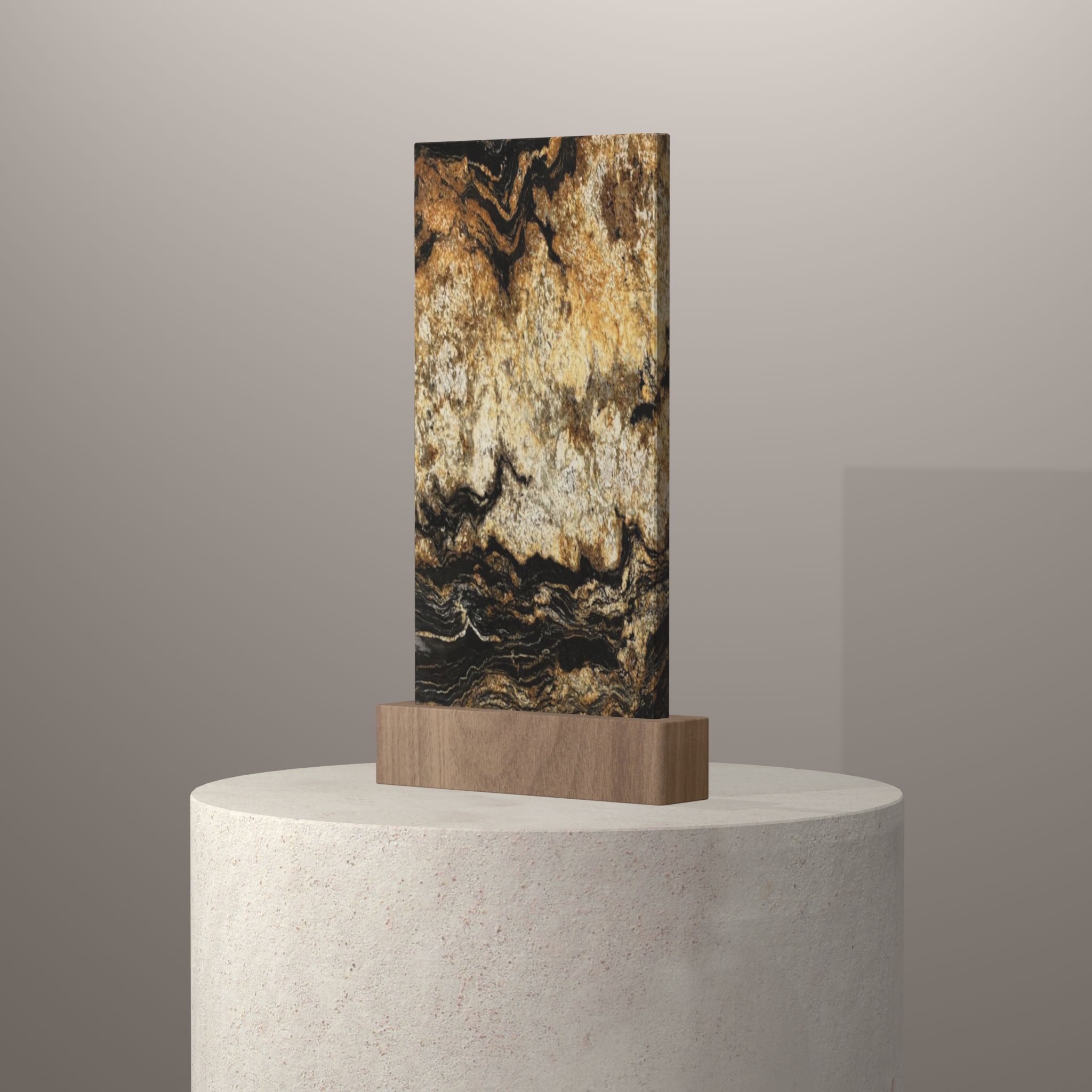 Rendu 3D du coloris Black Taurus en Granit sur piédestal