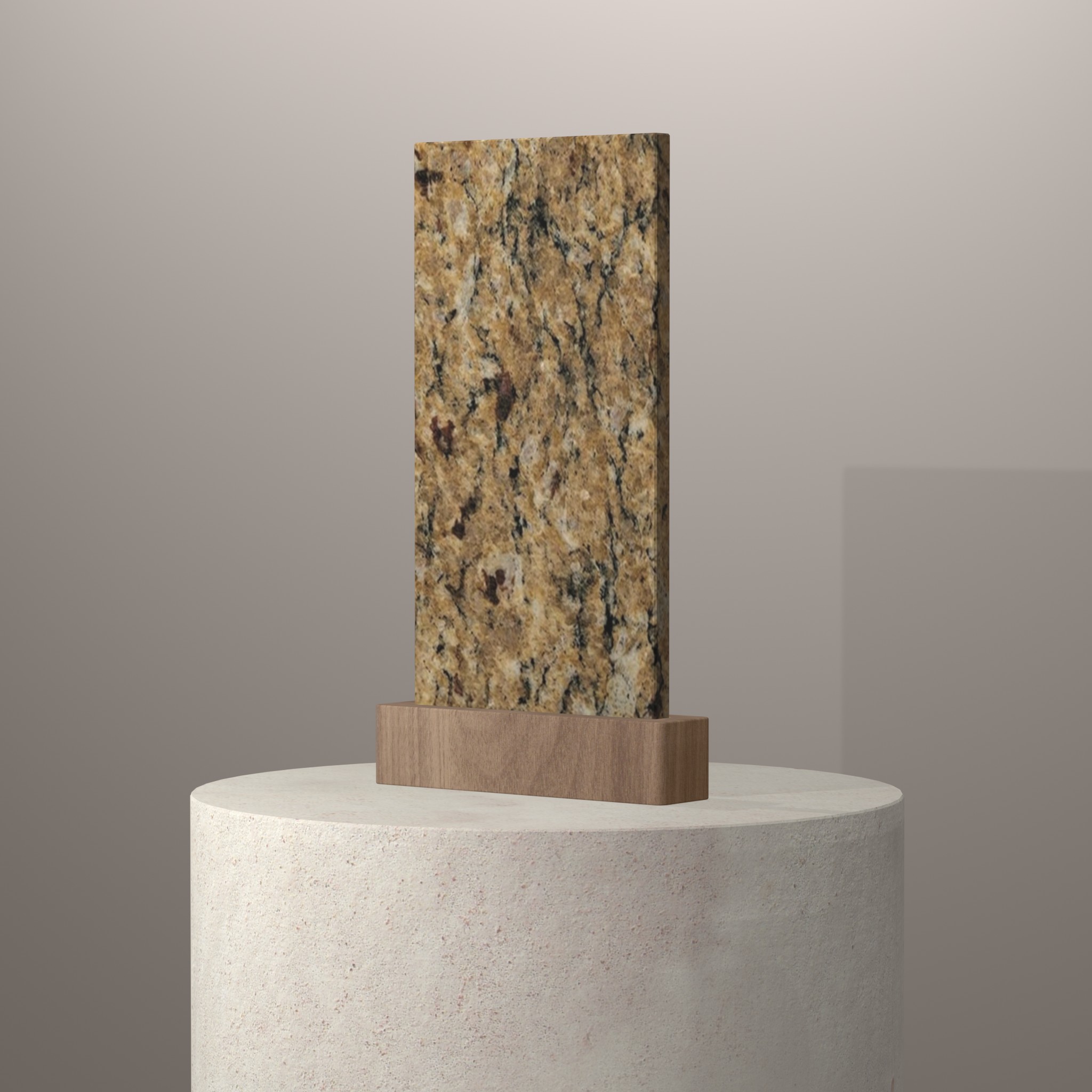 Rendu 3D du coloris Jaune Imperial en Granit sur piédestal