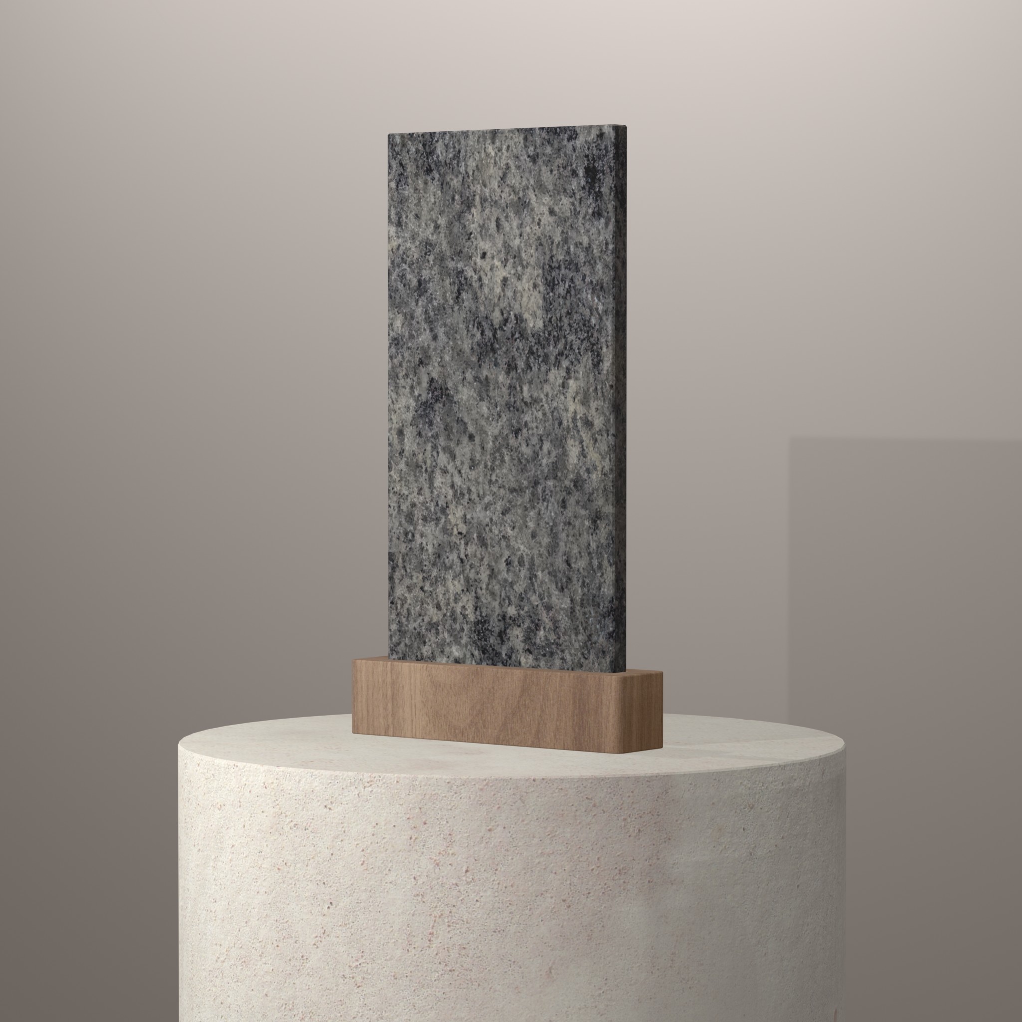 Rendu 3D du coloris Mystic Grey en Granit sur piédestal