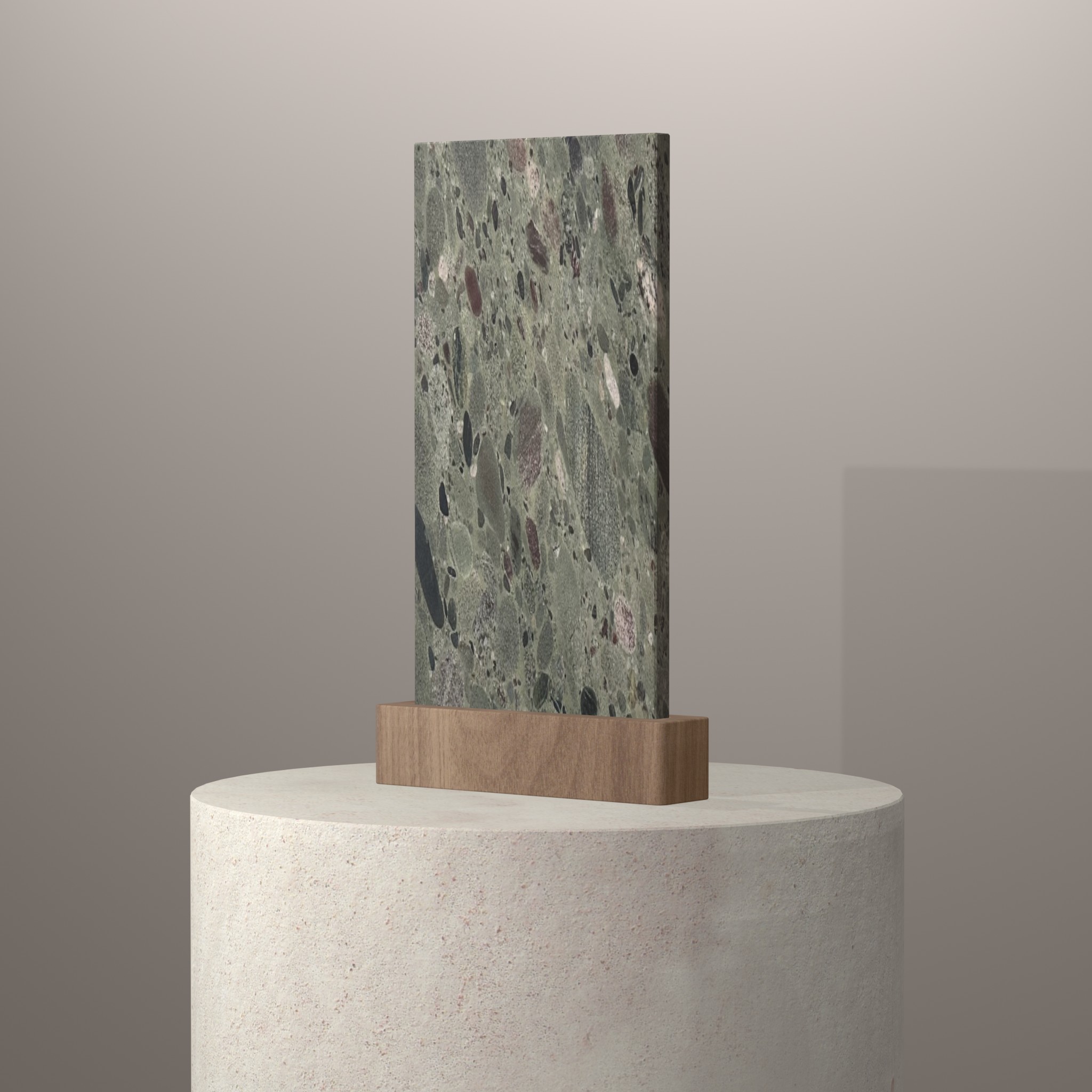 Rendu 3D du coloris Vert Twister en Granit sur piédestal