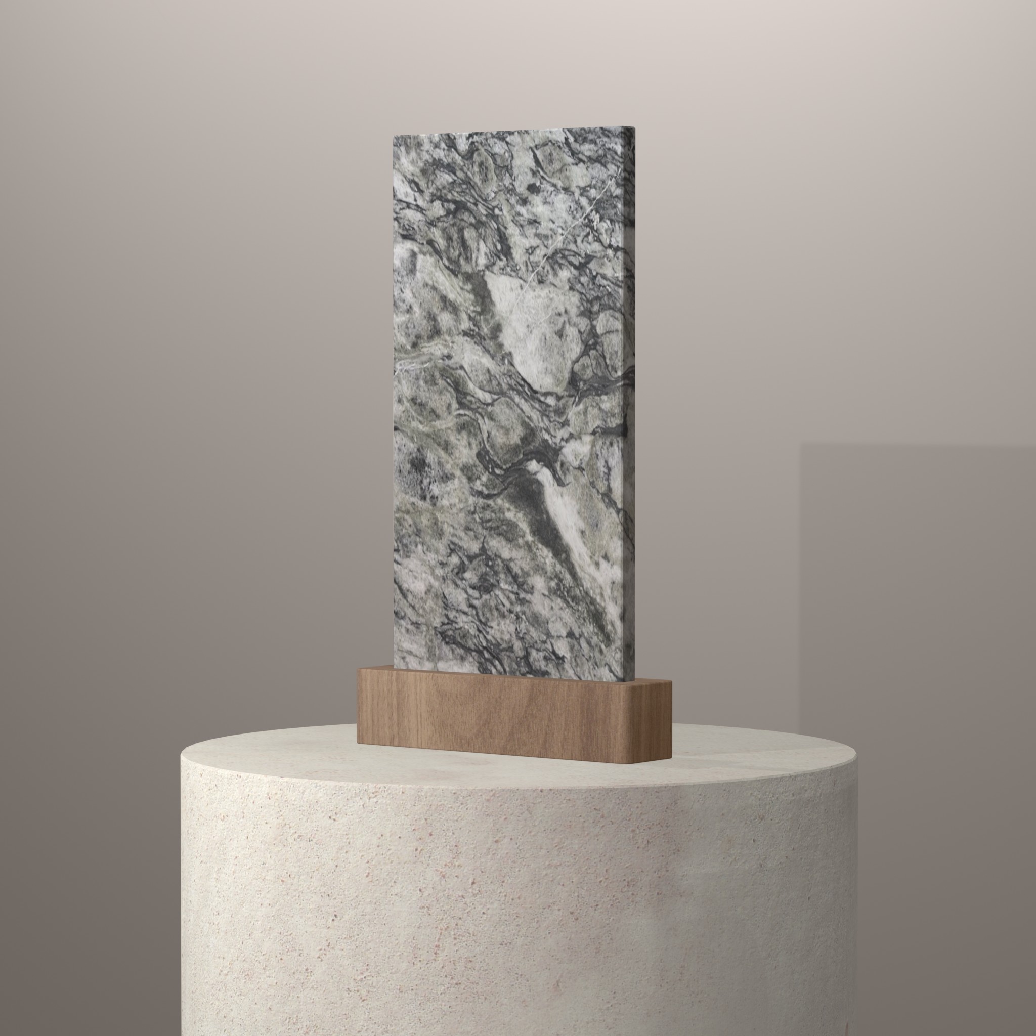 Rendu 3D du coloris Lunar White en Marbre Texta sur piédestal