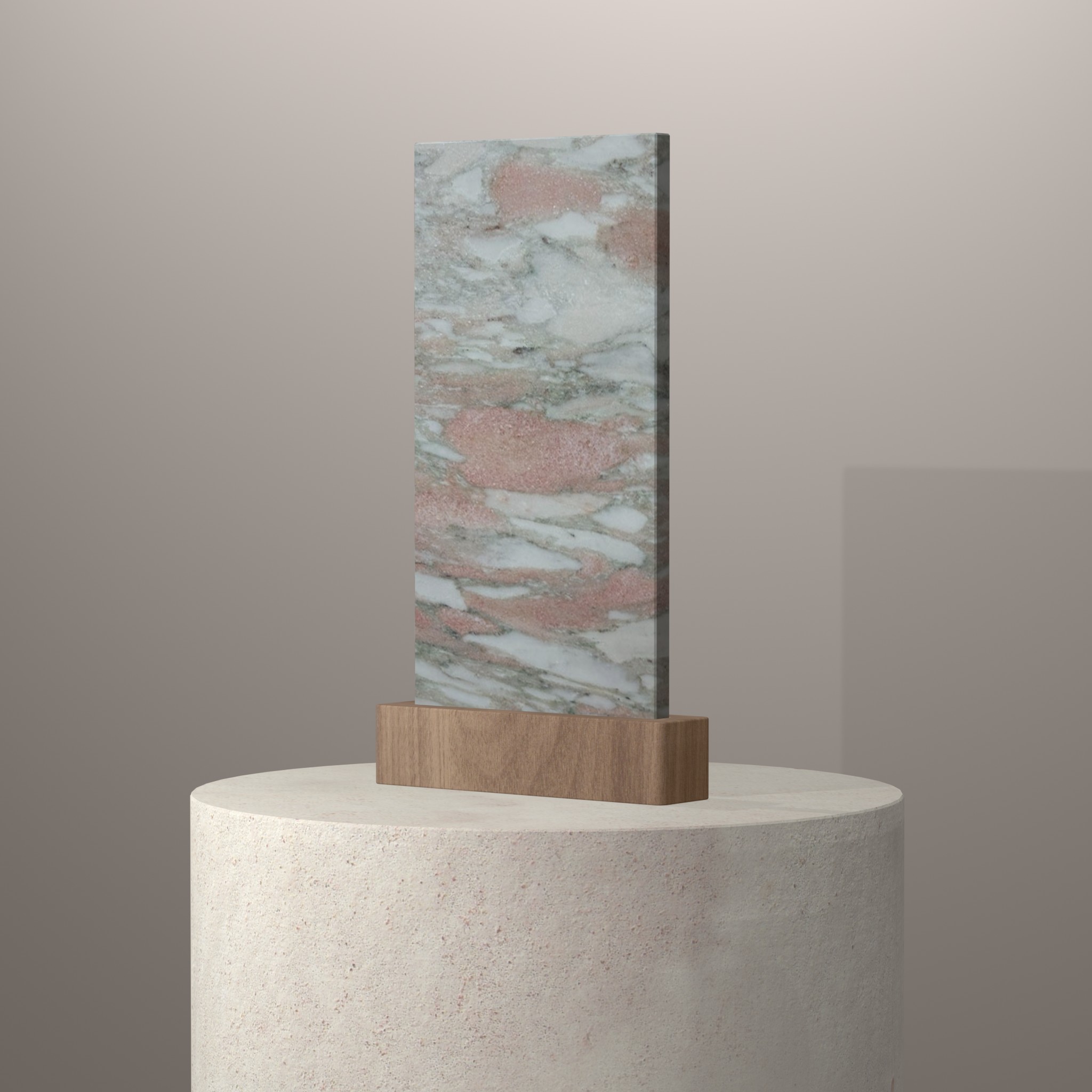Rendu 3D du coloris Rose Bescato en Marbre Texta sur piédestal