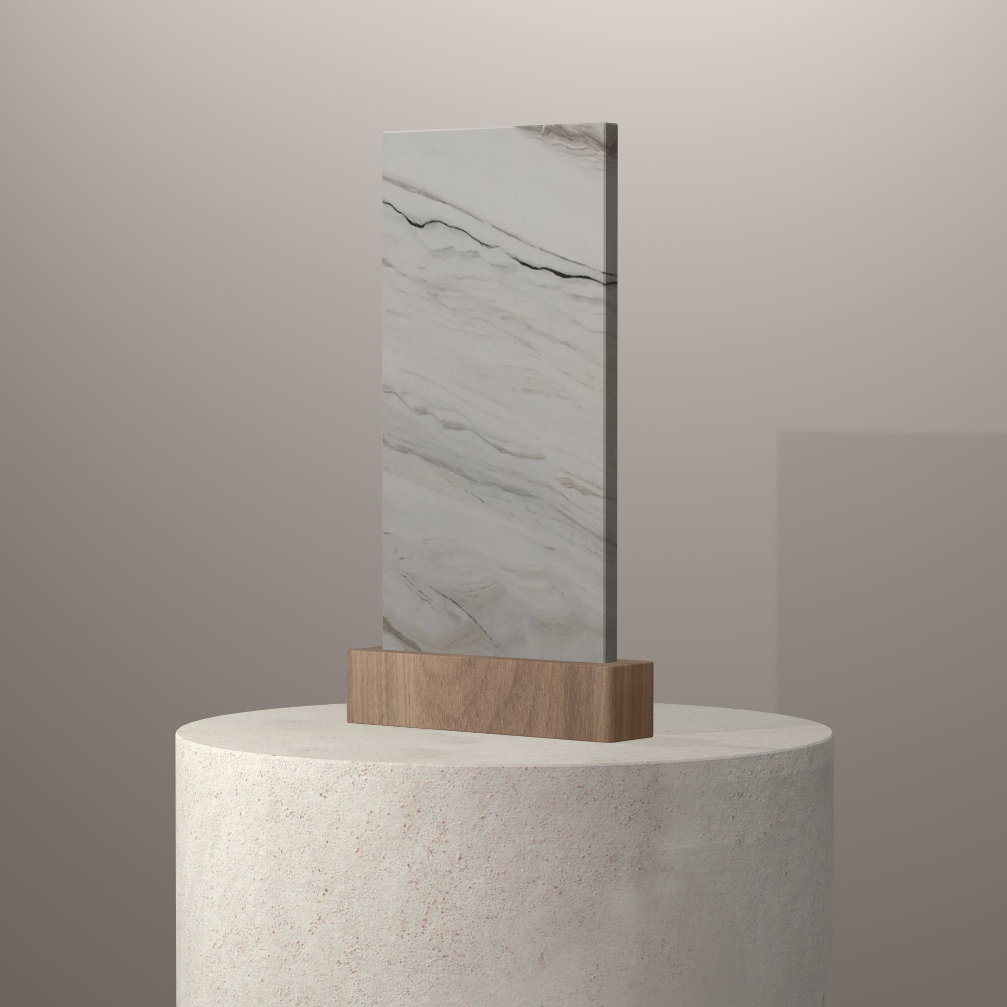 Rendu 3D du coloris Blanc Lasa en Marbre sur piédestal