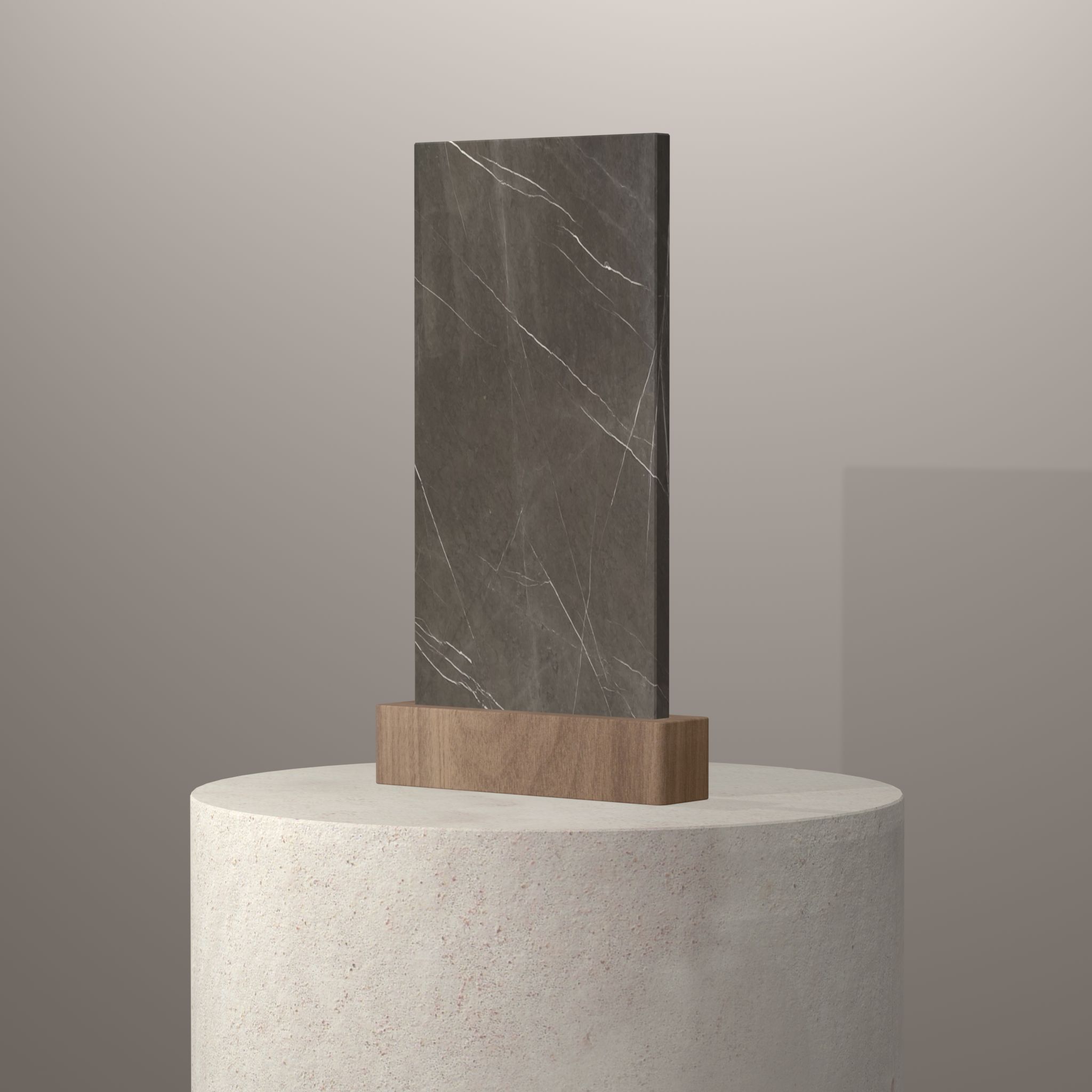 Rendu 3D du coloris Pietra Grey en Marbre sur piédestal