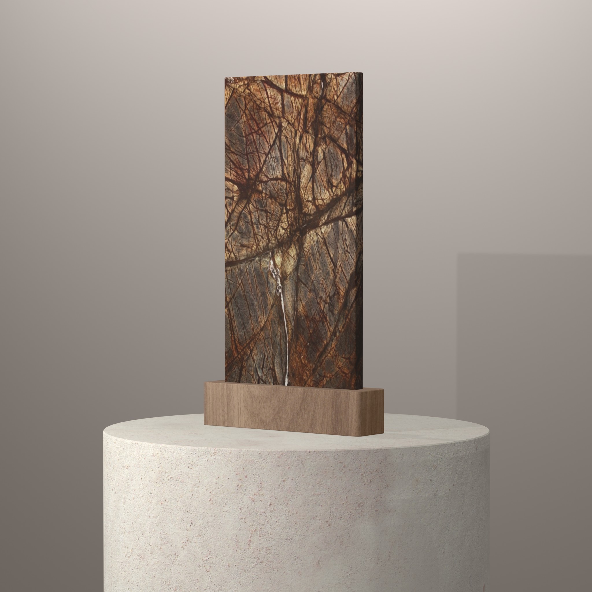 Rendu 3D du coloris Rain Forest Brown en Marbre sur piédestal