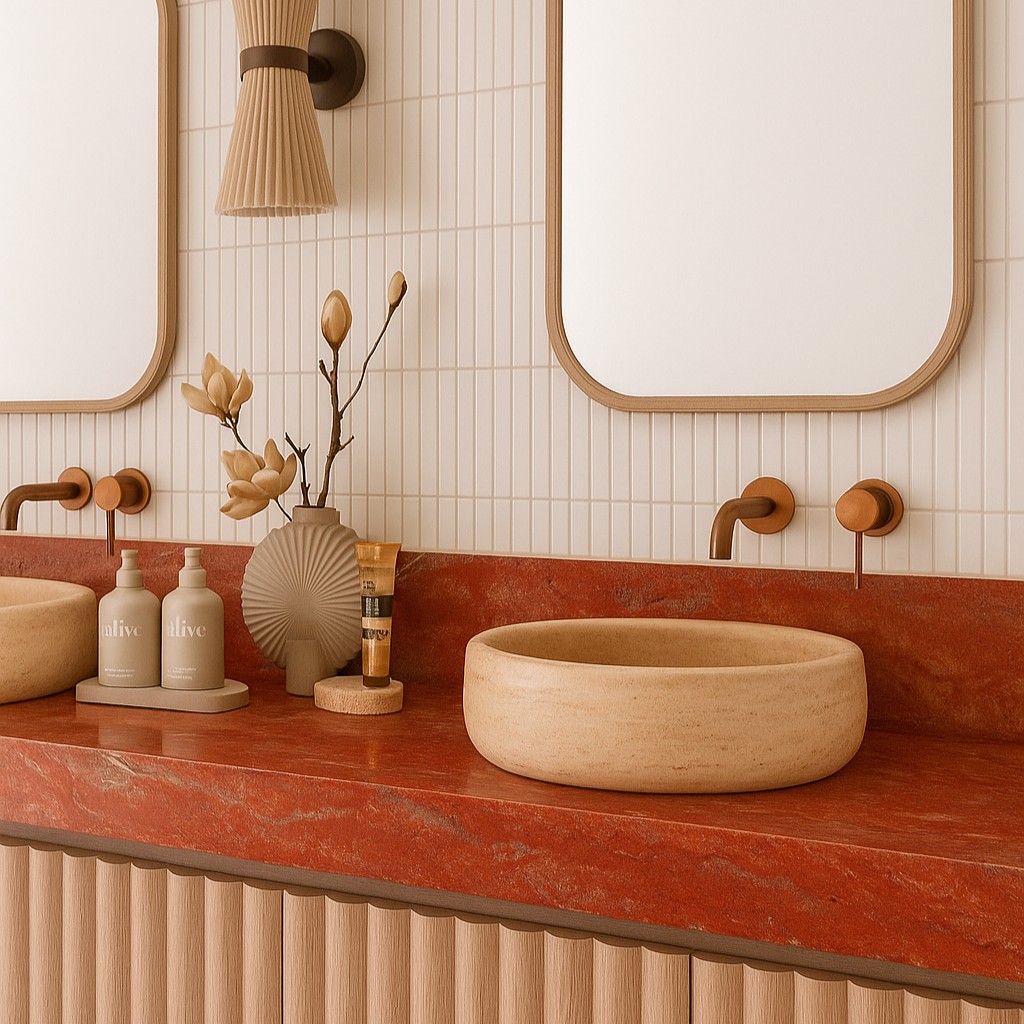 Réalisation n°2 du plan de travail Red Travertino | Resine transparente ou couleur en Marbre