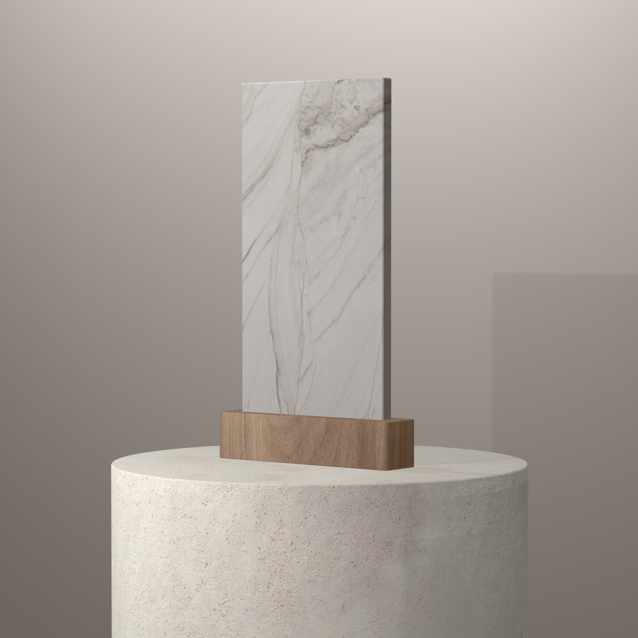 Rendu 3D du coloris White Macaubas en Quartzite Sensa sur piédestal