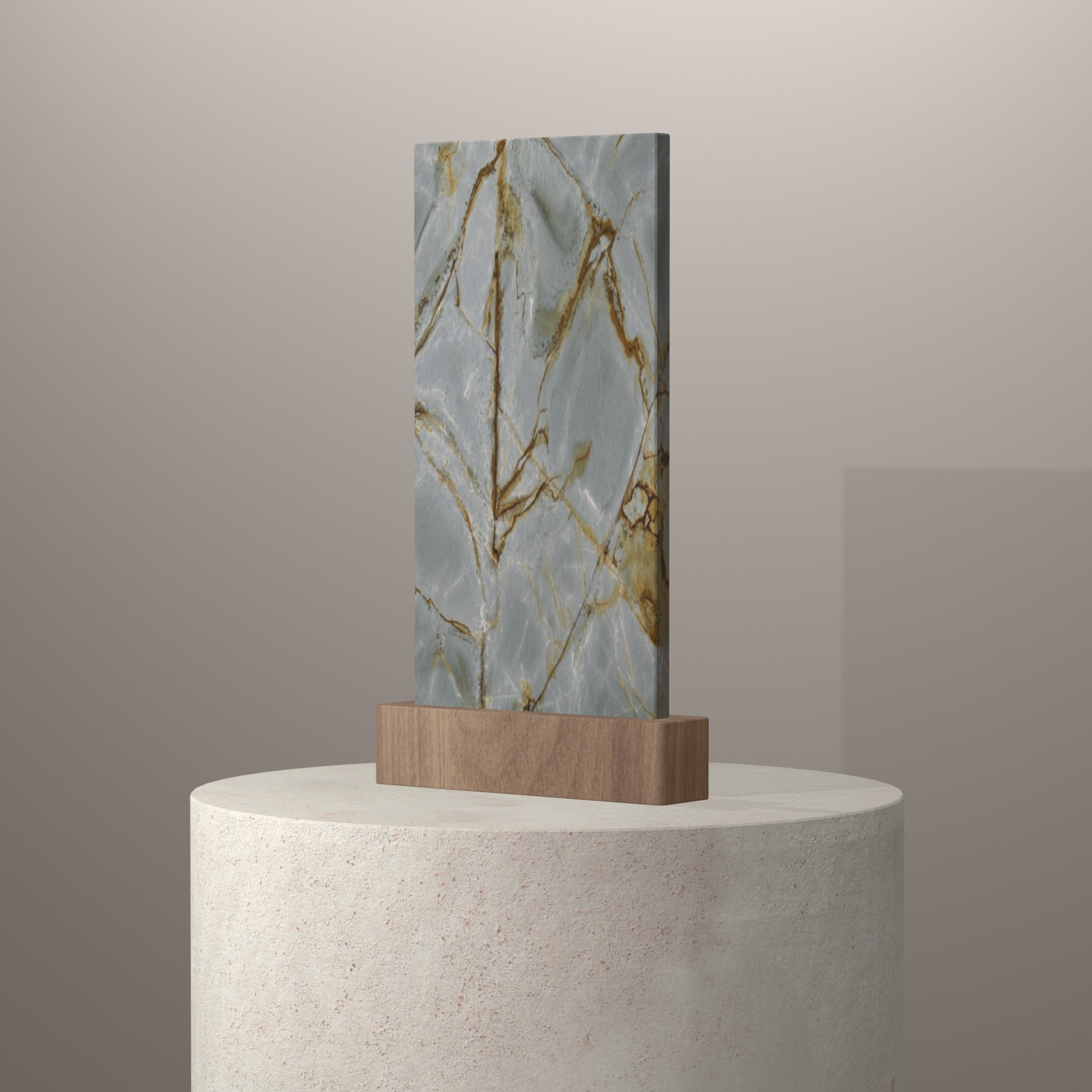 Rendu 3D du coloris Blue Roma en Quartzite Texta sur piédestal
