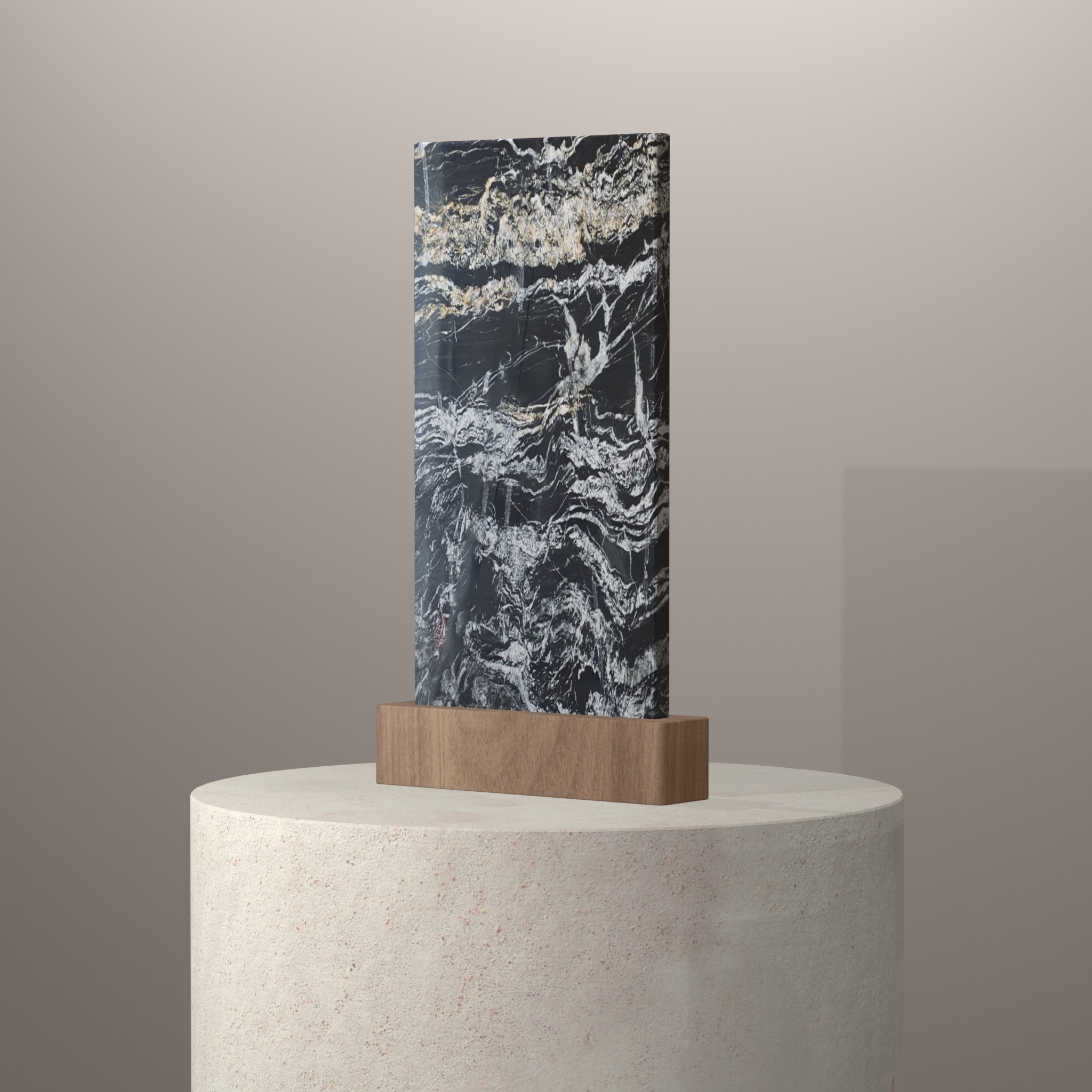 Rendu 3D du coloris Electric Black en Quartzite Texta sur piédestal