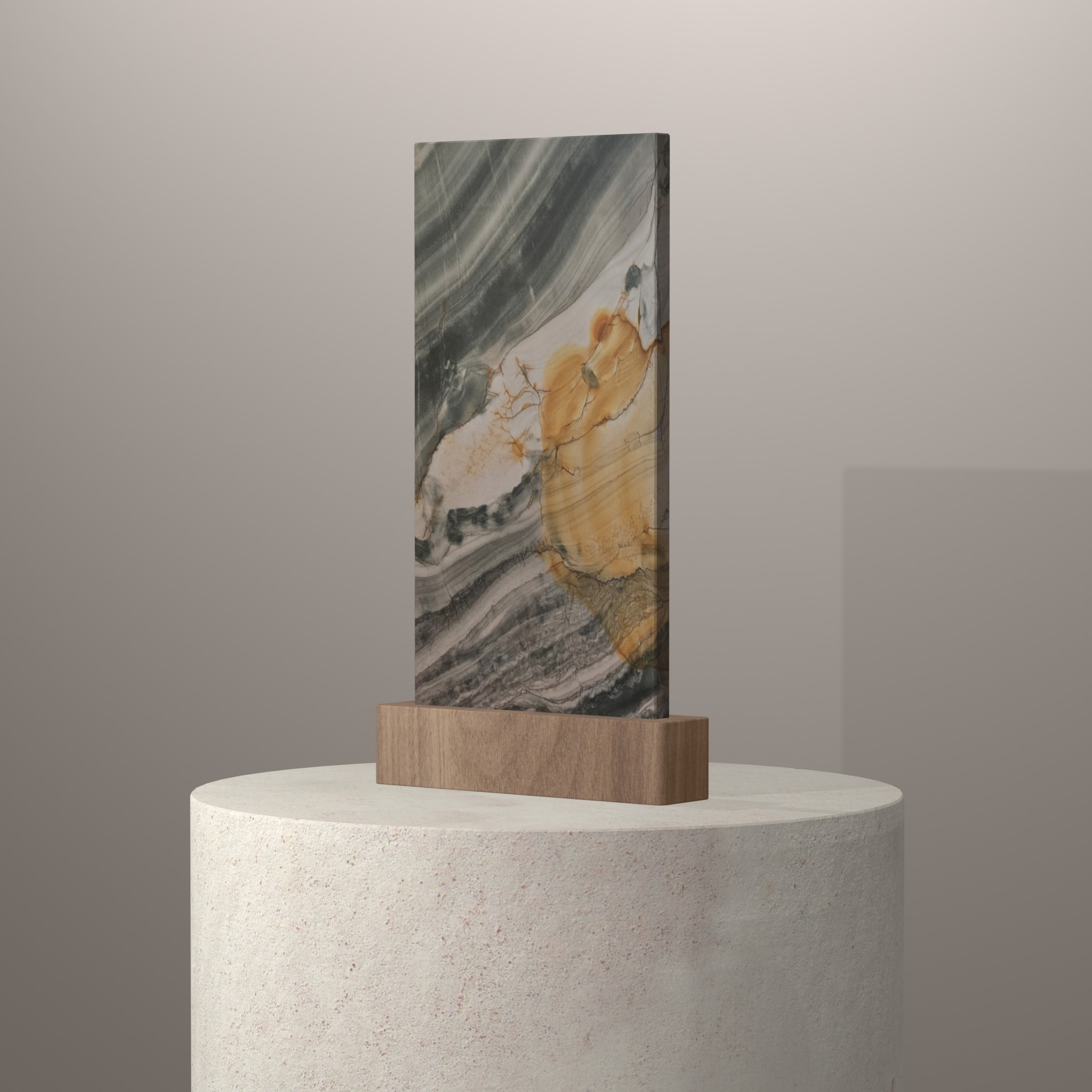 Rendu 3D du coloris Polaris Gold en Quartzite Texta sur piédestal