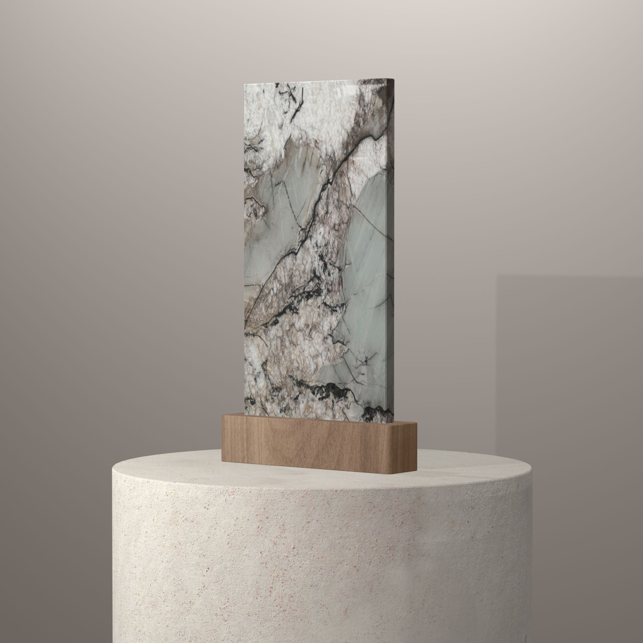 Rendu 3D du coloris Botanic Crystal en Quartzite sur piédestal