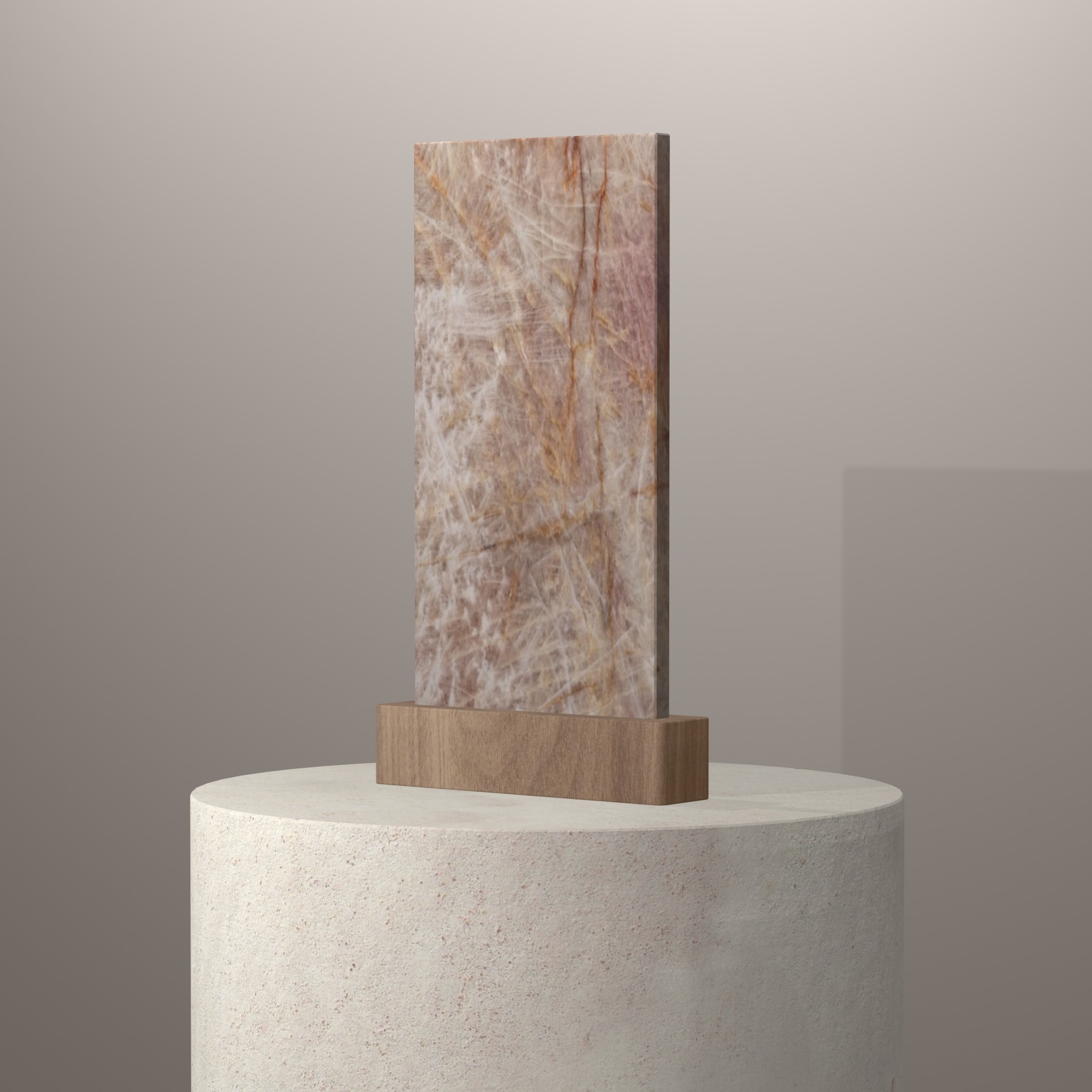 Rendu 3D du coloris Cristal Pink en Quartzite sur piédestal