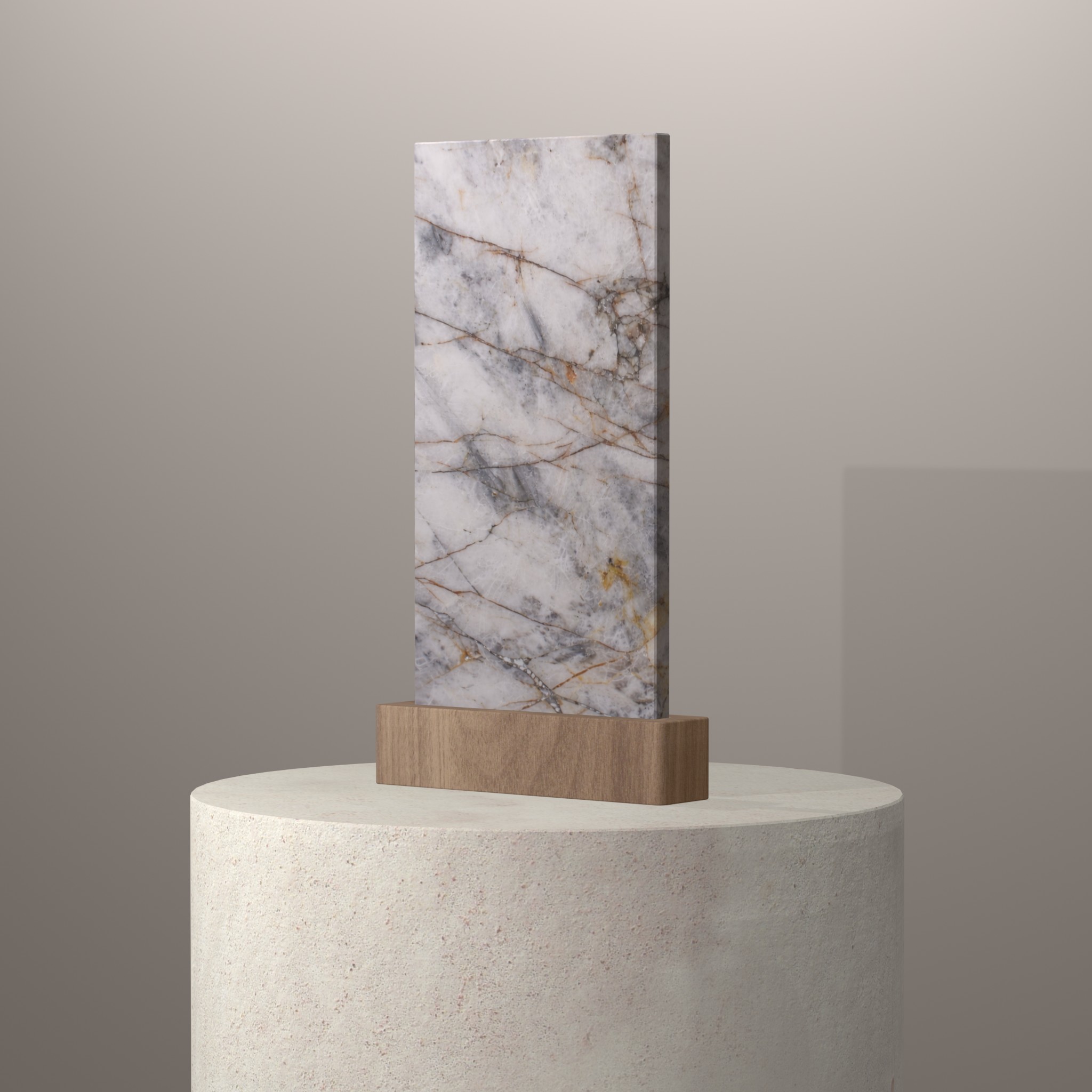Rendu 3D du coloris Crystal Smoke en Quartzite sur piédestal