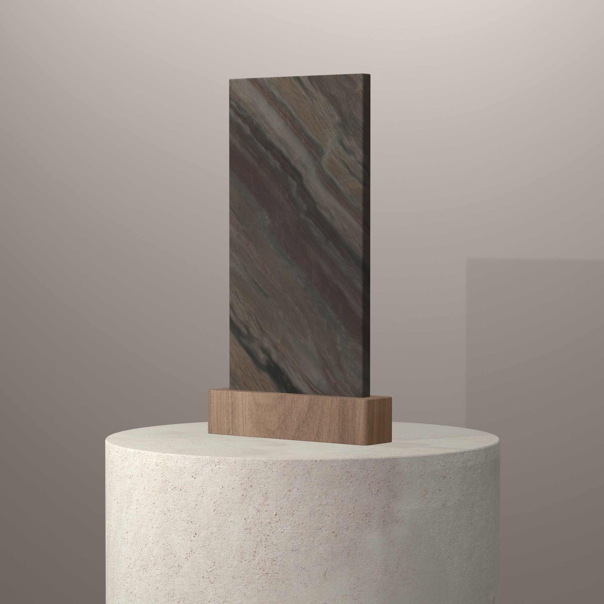 Rendu 3D du coloris Elegant Brown en Quartzite sur piédestal