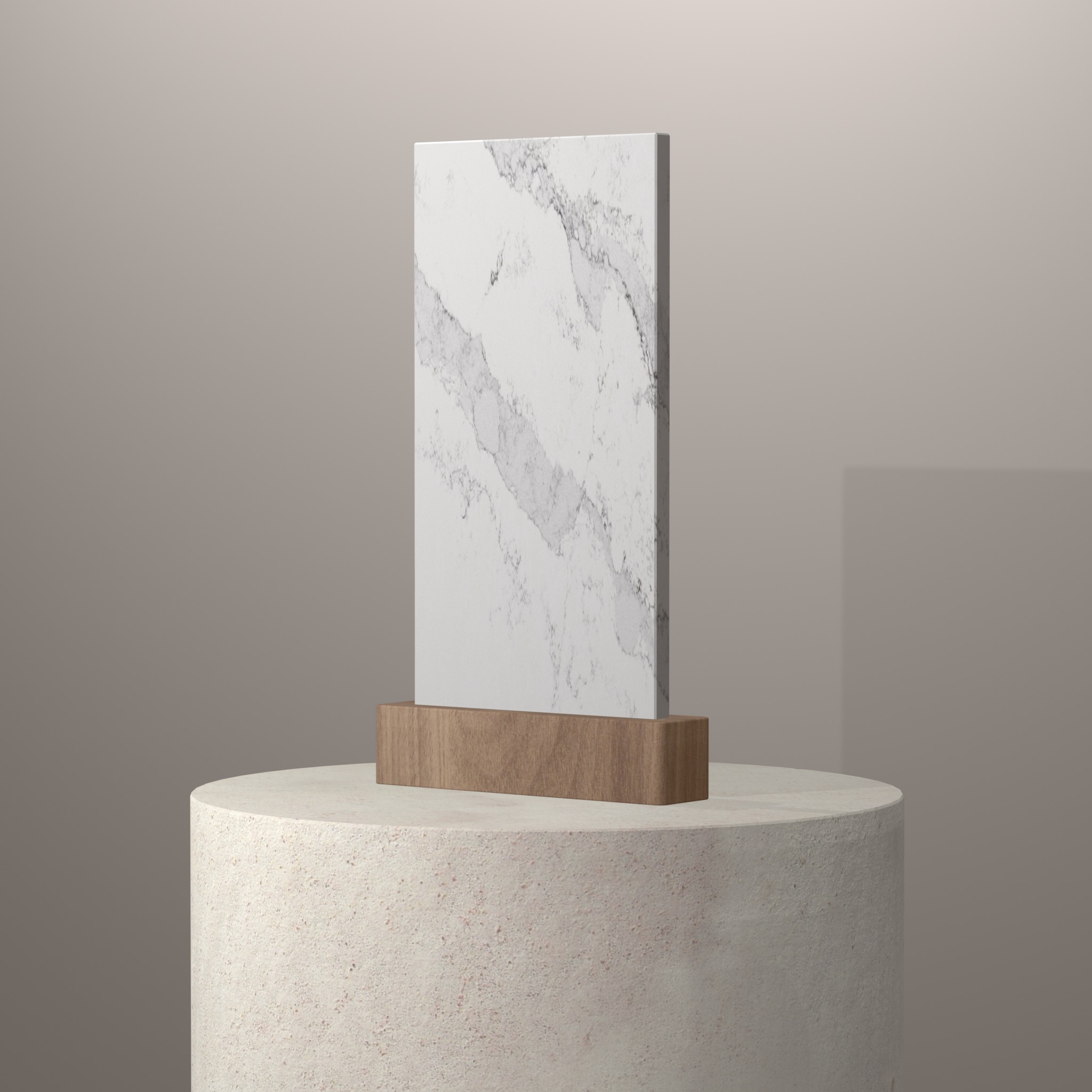 Rendu 3D du coloris Elegance Michelangelo en Quartz Compac sur piédestal