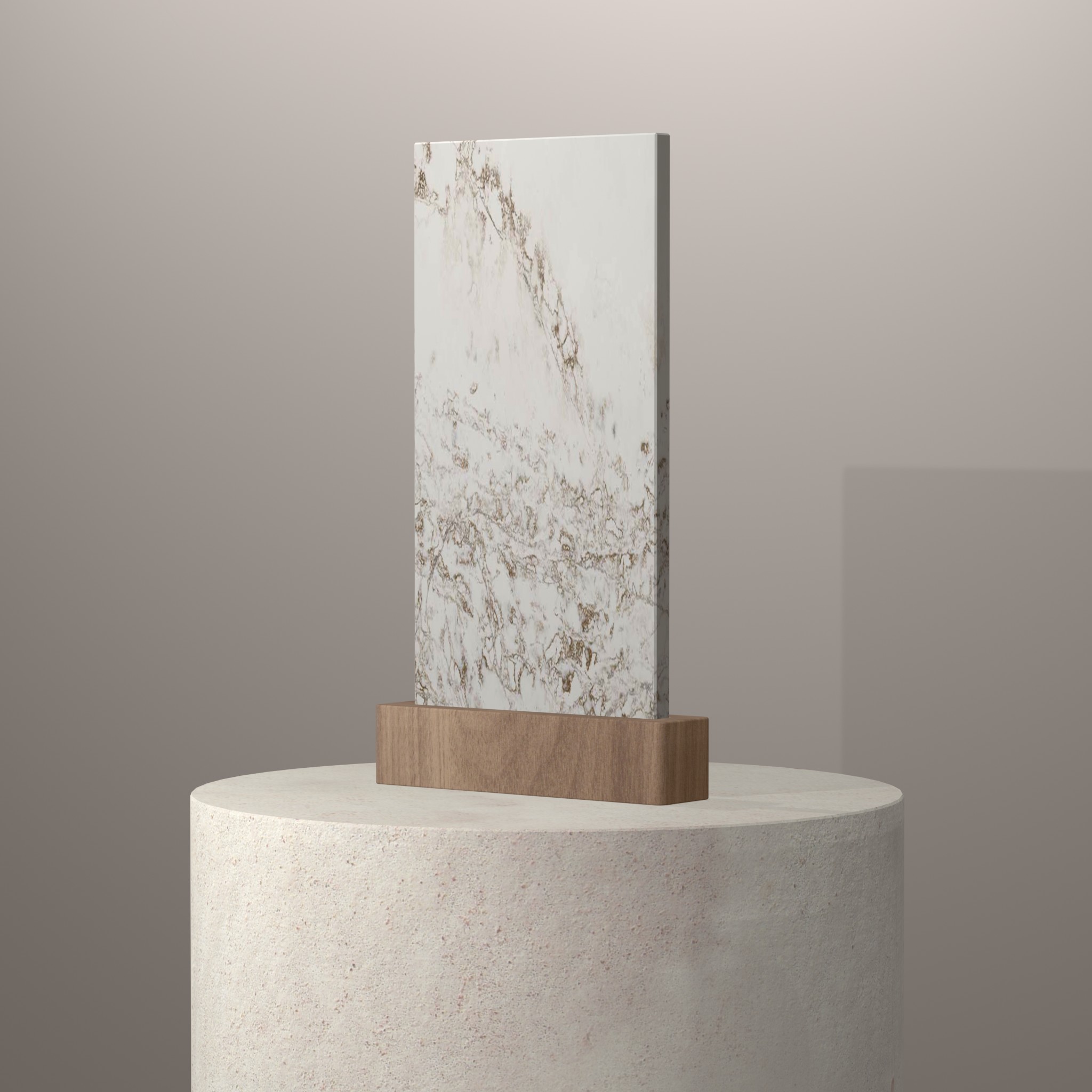 Rendu 3D du coloris Ice Max Gold en Quartz Compac sur piédestal