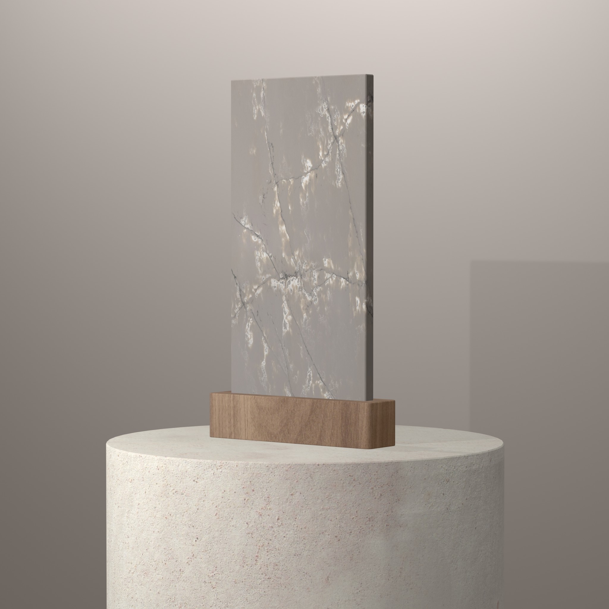 Rendu 3D du coloris Ice White en Quartz Compac sur piédestal