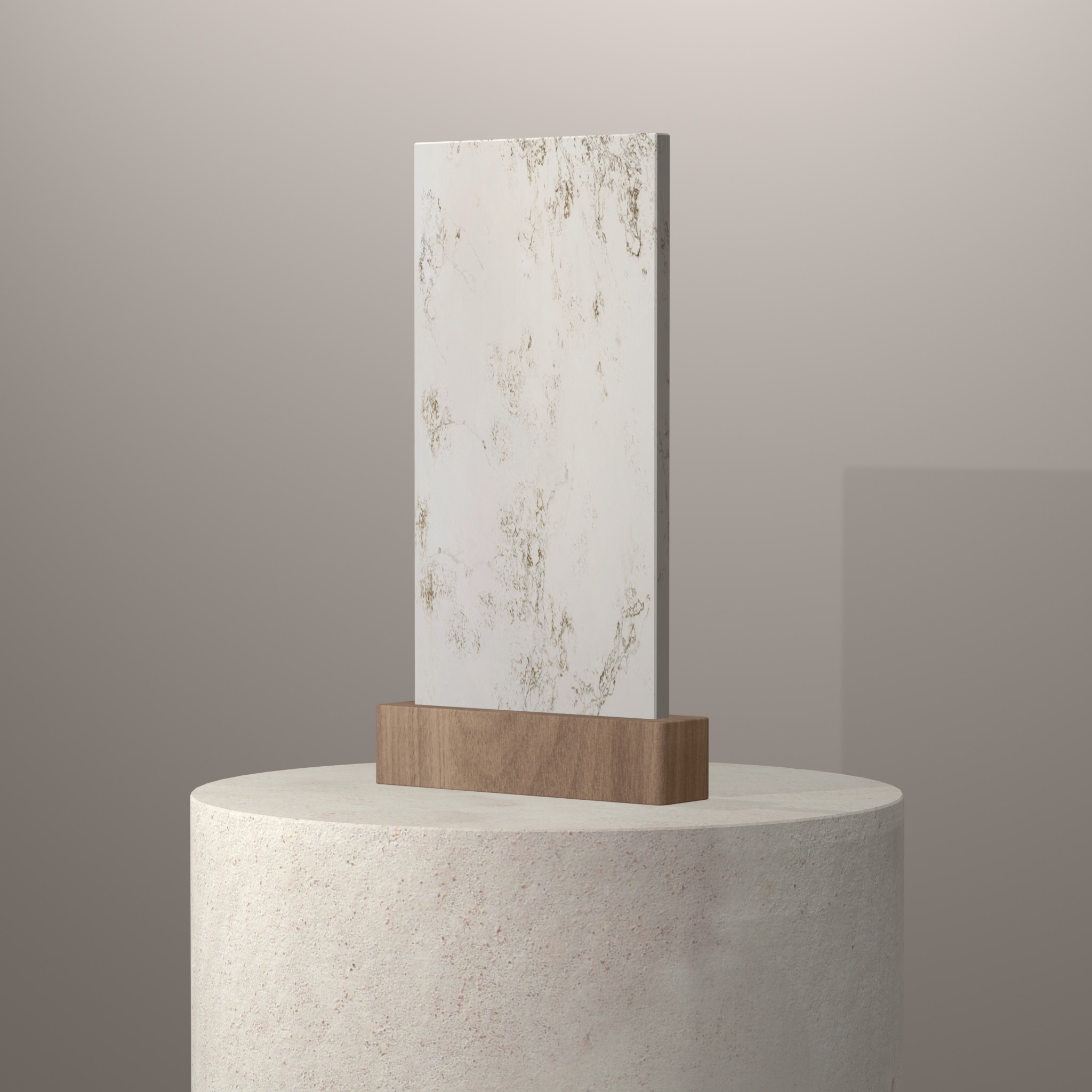 Rendu 3D du coloris Nebulous Gold en Quartz Compac sur piédestal