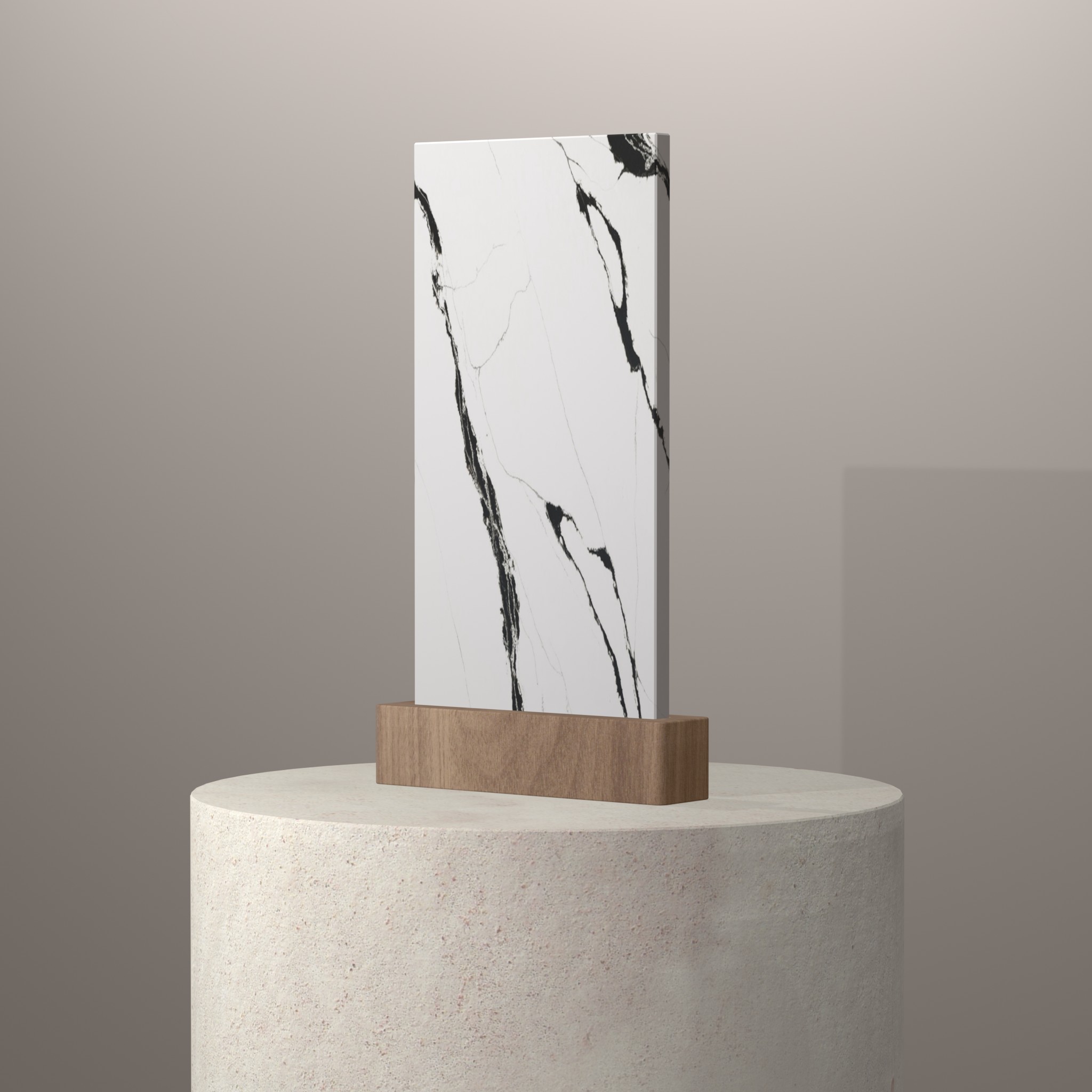 Rendu 3D du coloris Unique Calacatta Black sur piédestal