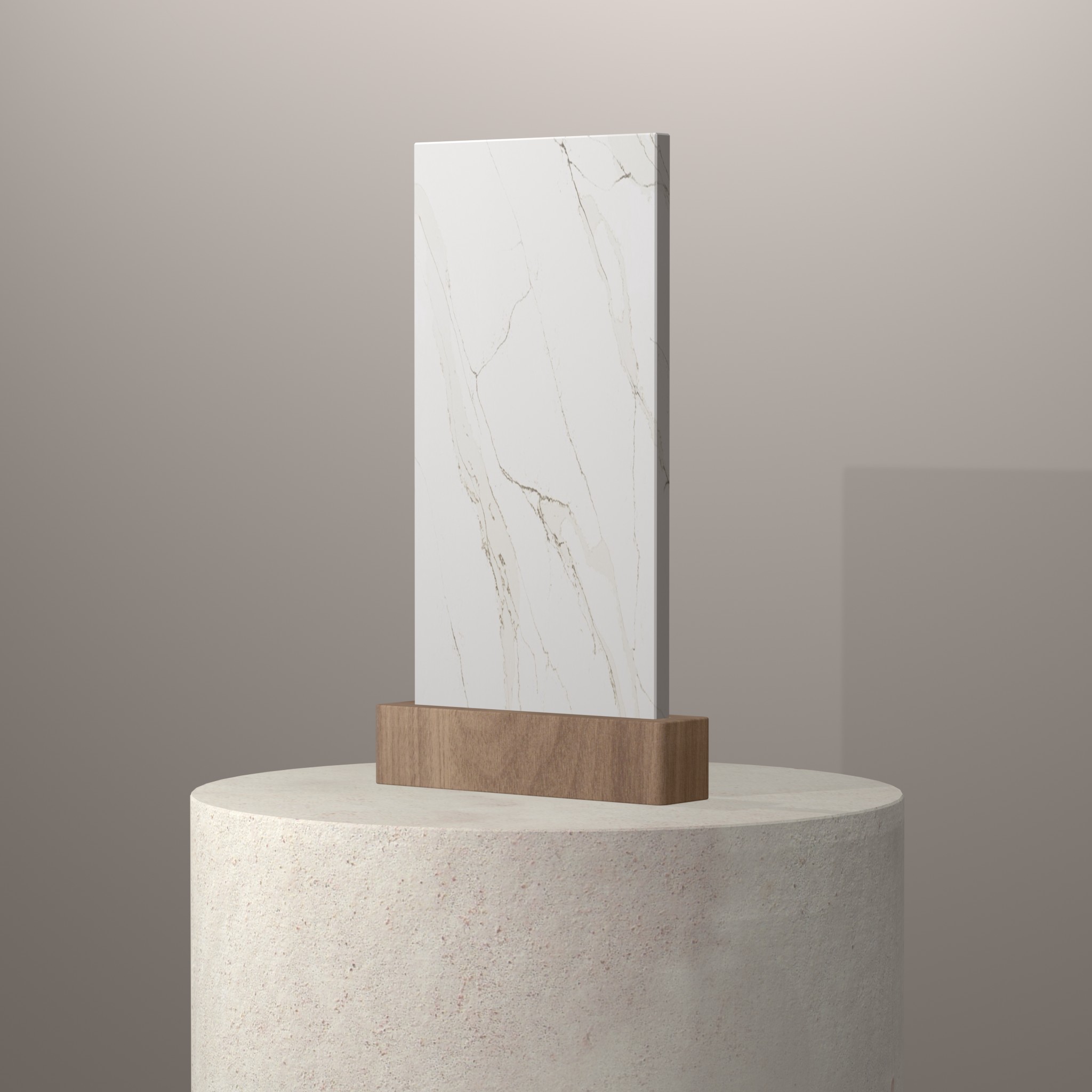 Rendu 3D du coloris Unique Calacatta Gold en Quartz Compac sur piédestal