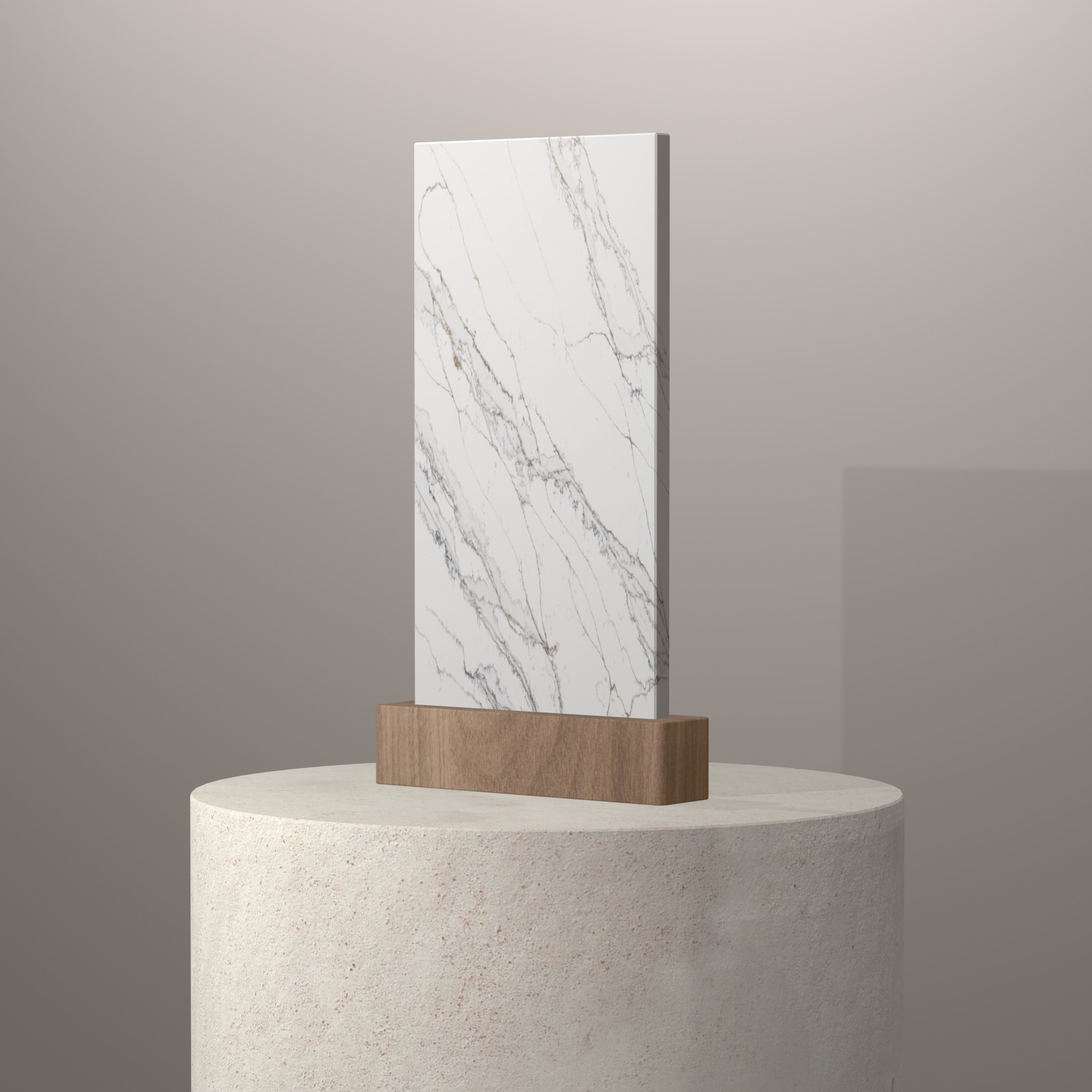 Rendu 3D du coloris Unique Calacatta Macchia Vecchia en Quartz Compac sur piédestal