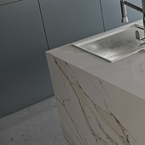 Réalisation n°1 du plan de travail Unique Calacatta Gold en Quartz Compac