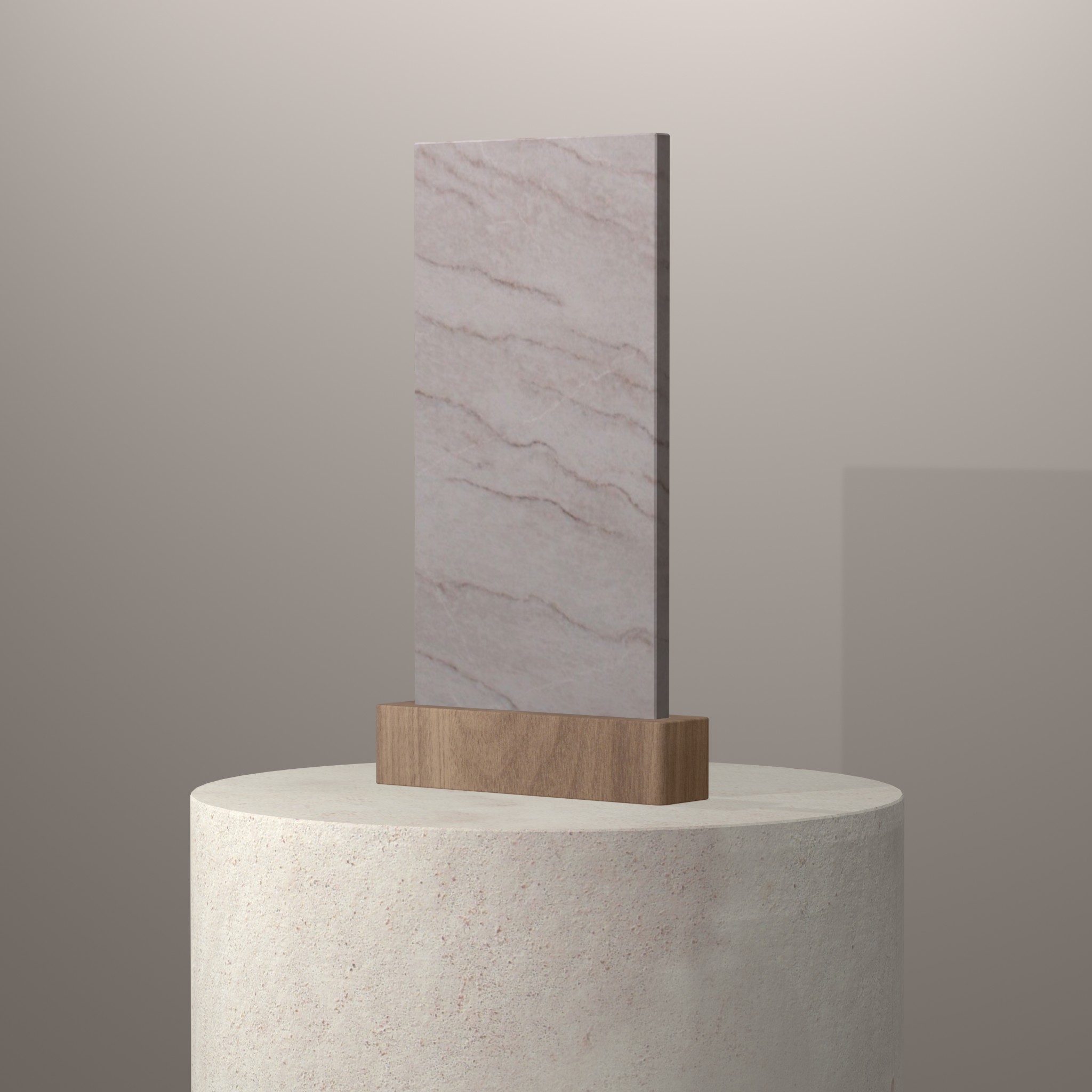 Rendu 3D du coloris Calacatta Taj en Quartz Mstone sur piédestal