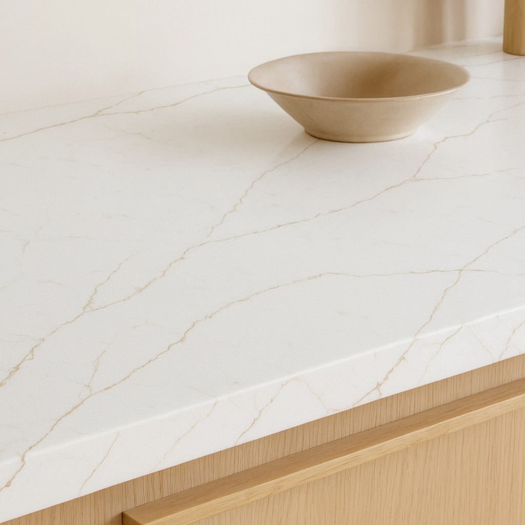 Réalisation n°2 du plan de travail Calacatta Oro Statuario en Quartz Mstone